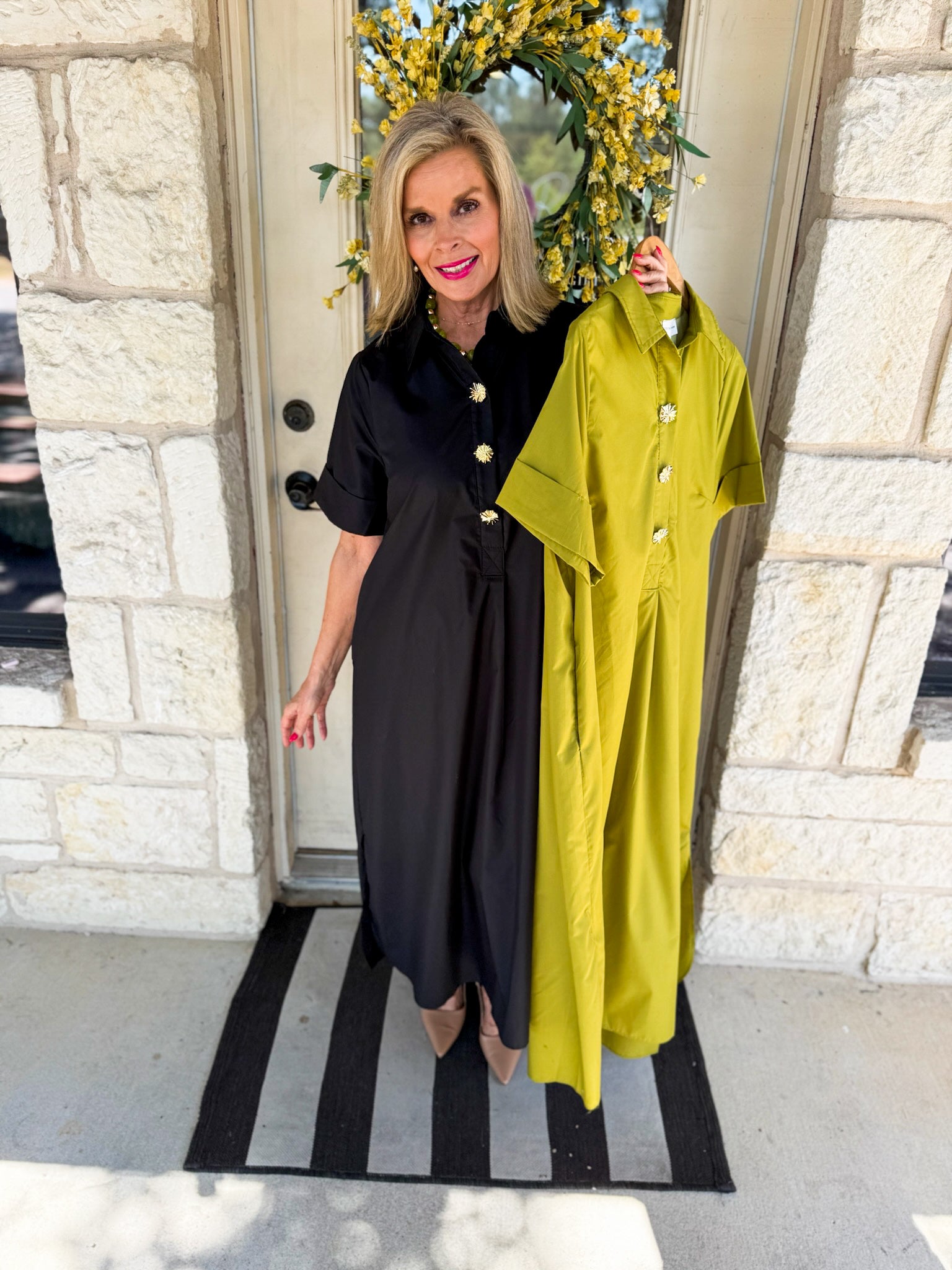 Short Sleeve Midi Dress W/ Gold Buttons