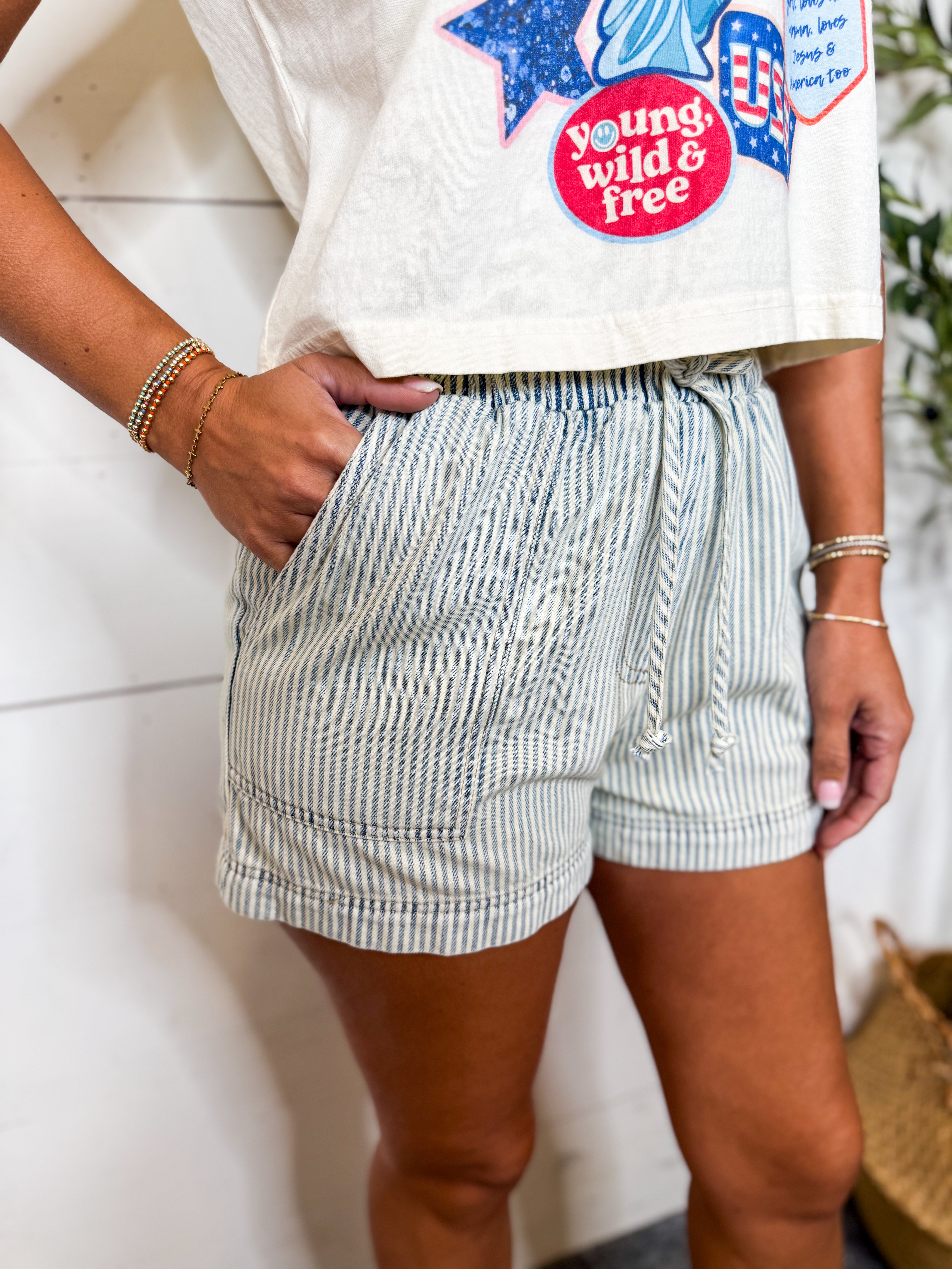 Washed Stripe Denim Drawstring Waist Shorts