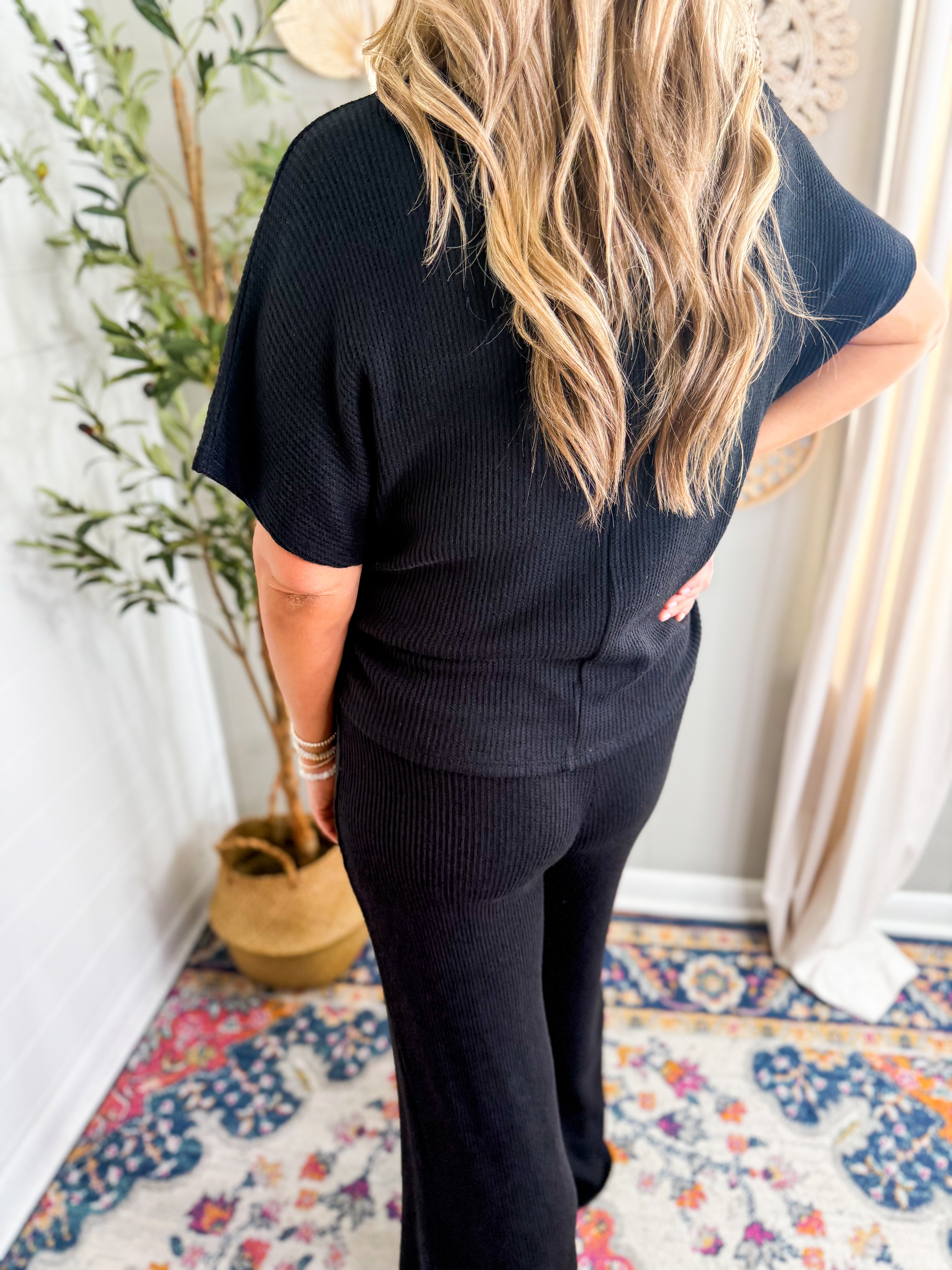 Mock Neck Short Sleeve Sweater Set With Comfy Wide Leg Pants