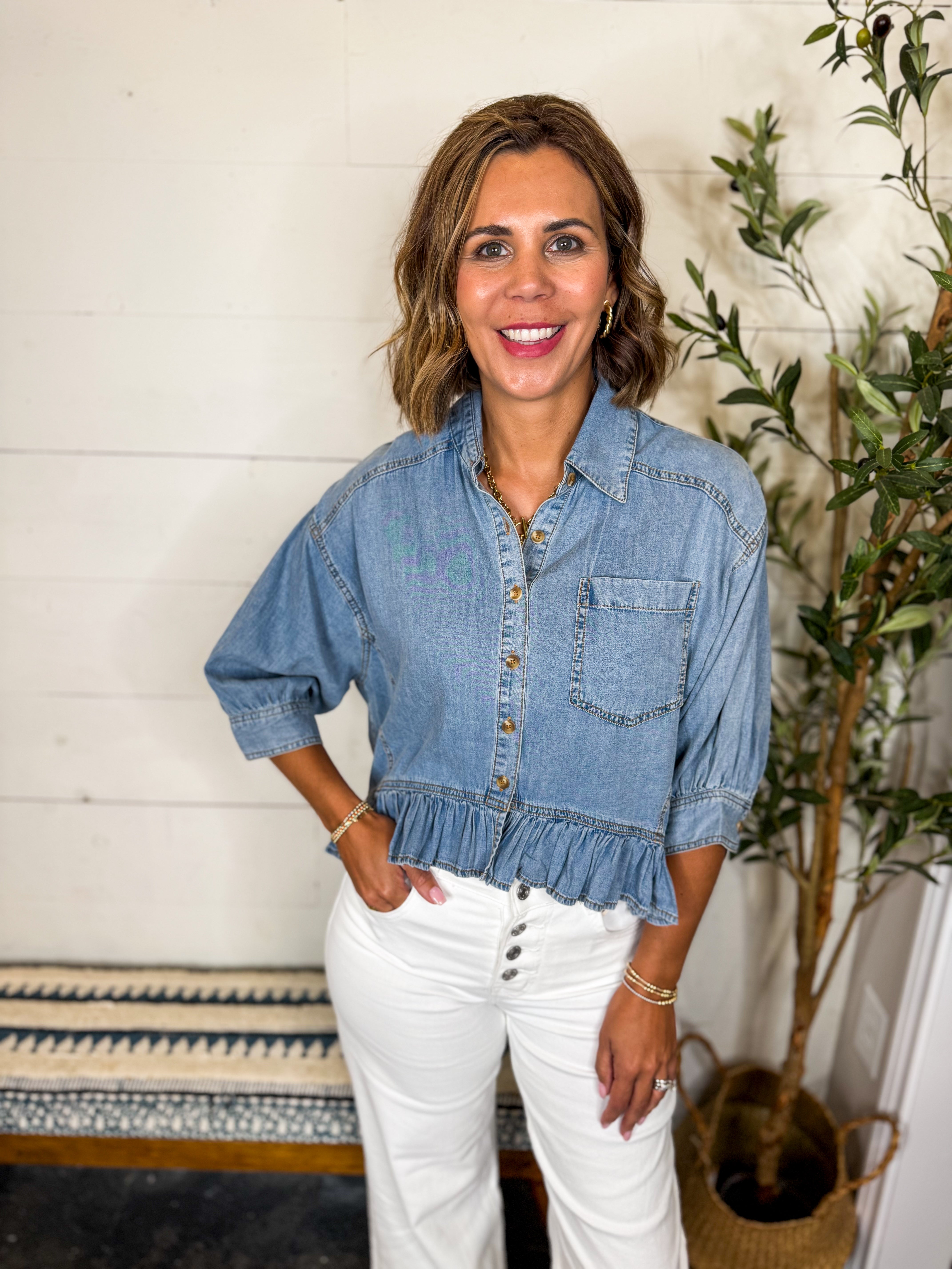 Ruffled Hem Button Down Denim Top