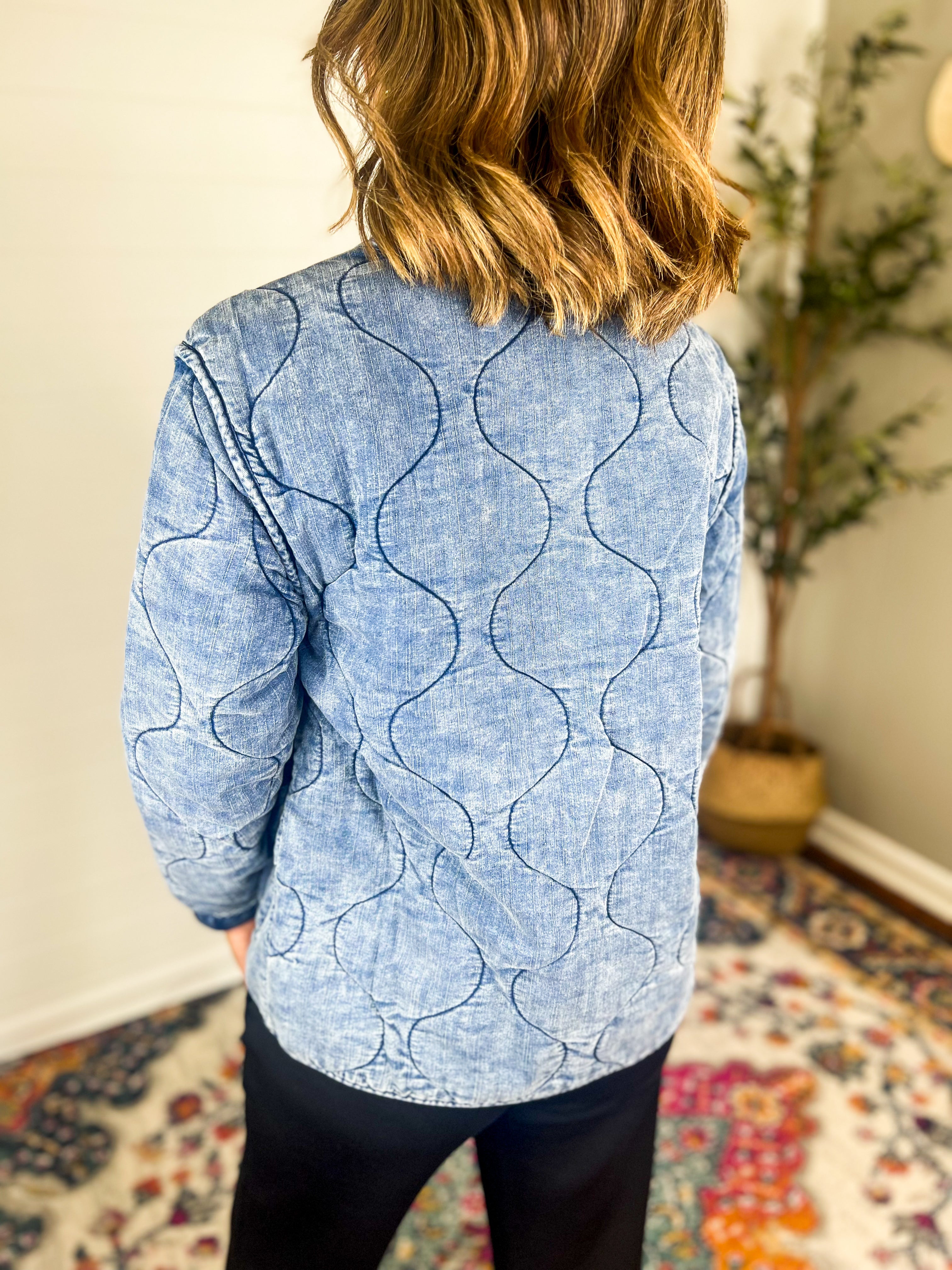 Washed Quilted Long Sleeve Denim Jacket