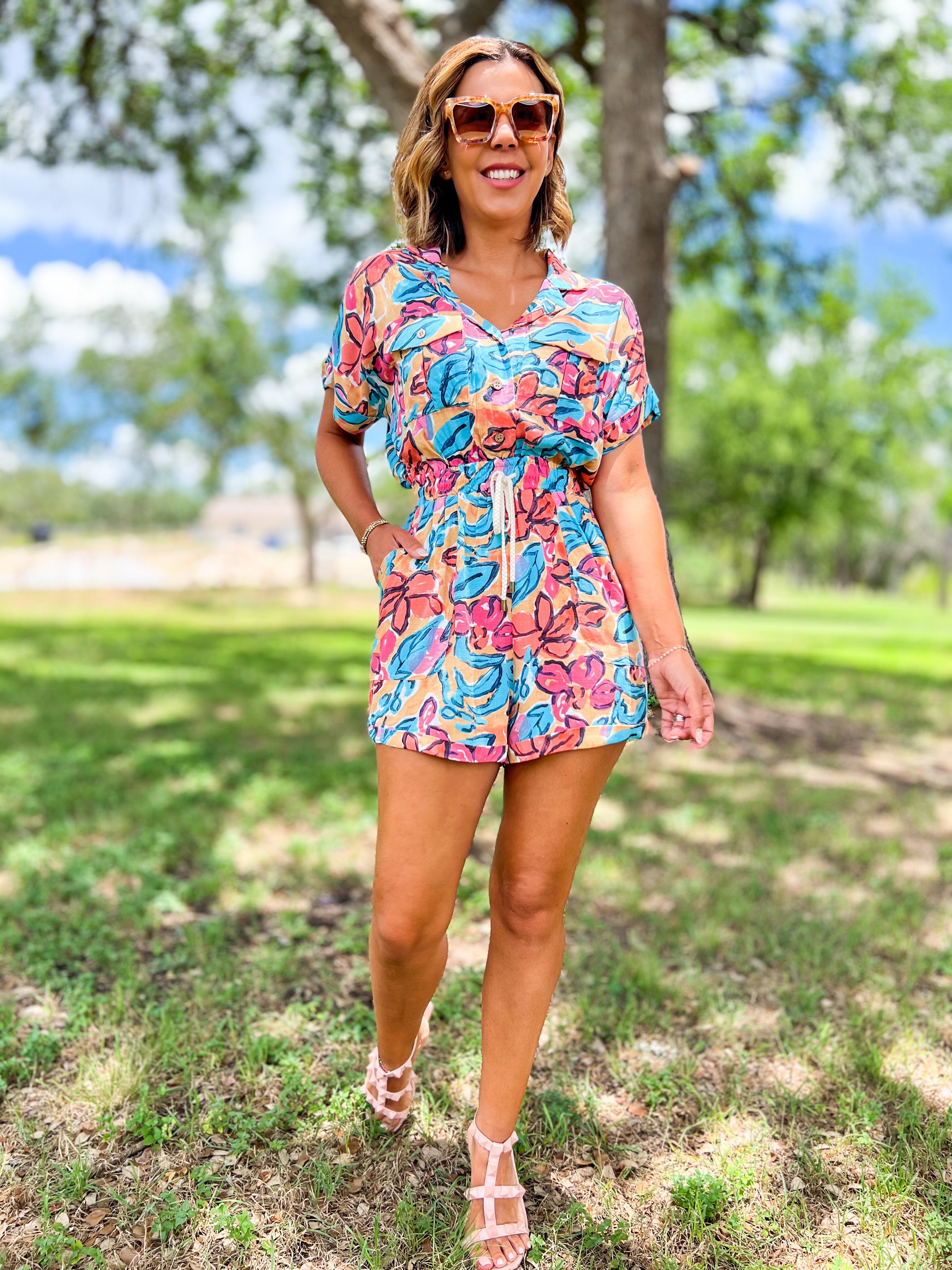 Orange and Blue Floral Print Romper