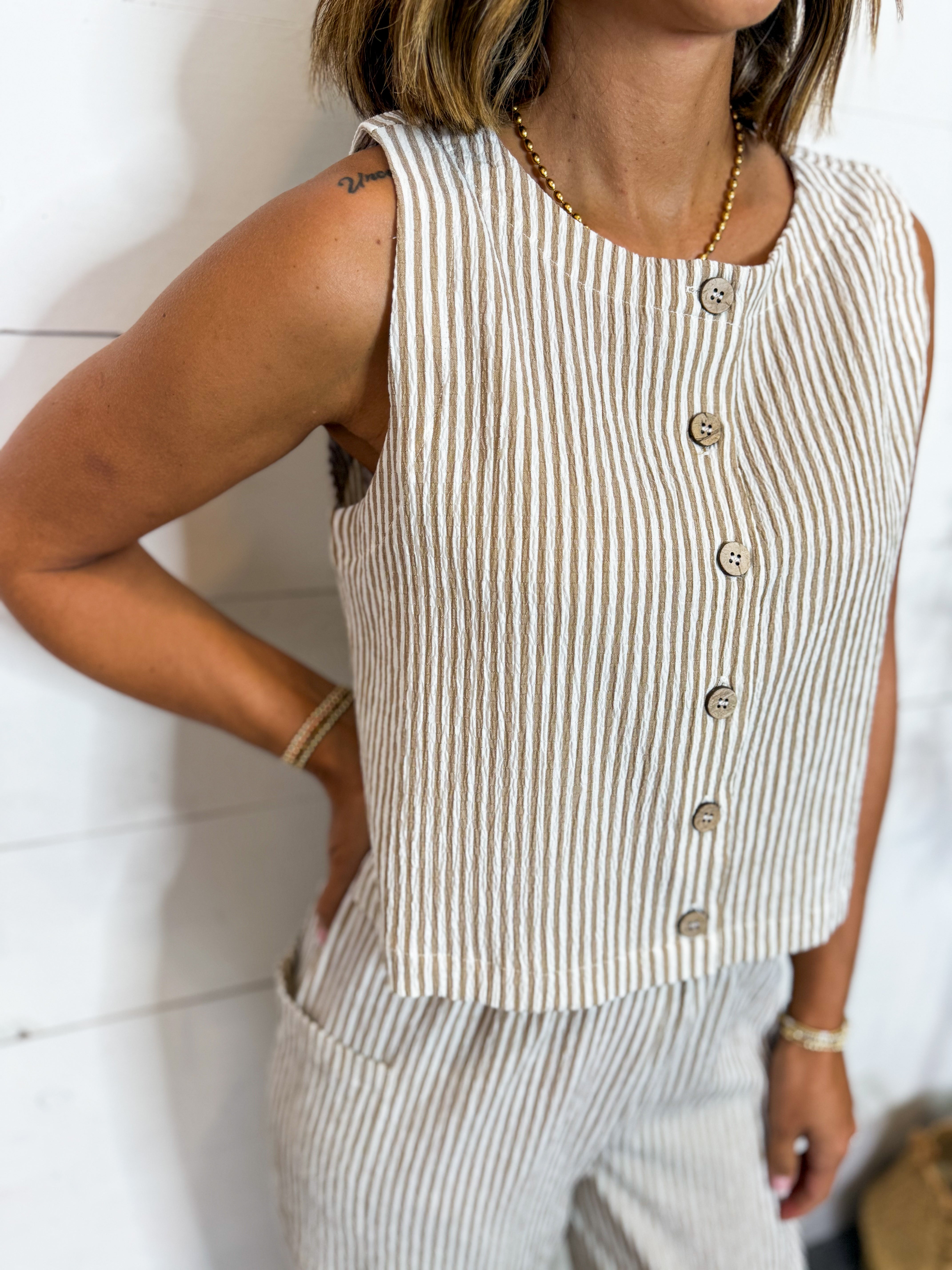 Mocha Stripe Sleeveless Button Front Top