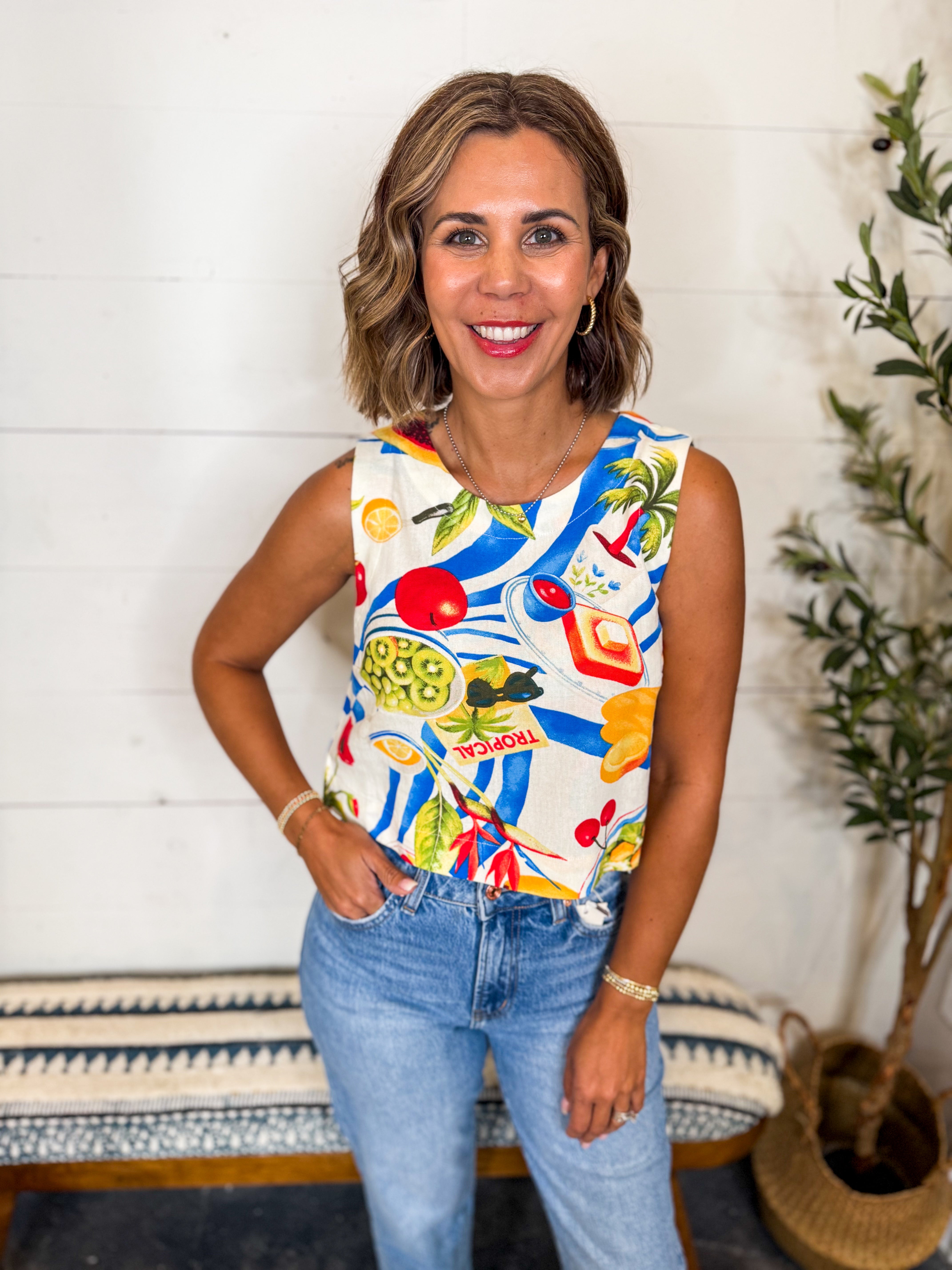 Tropical Picnic Cropped Linen Top