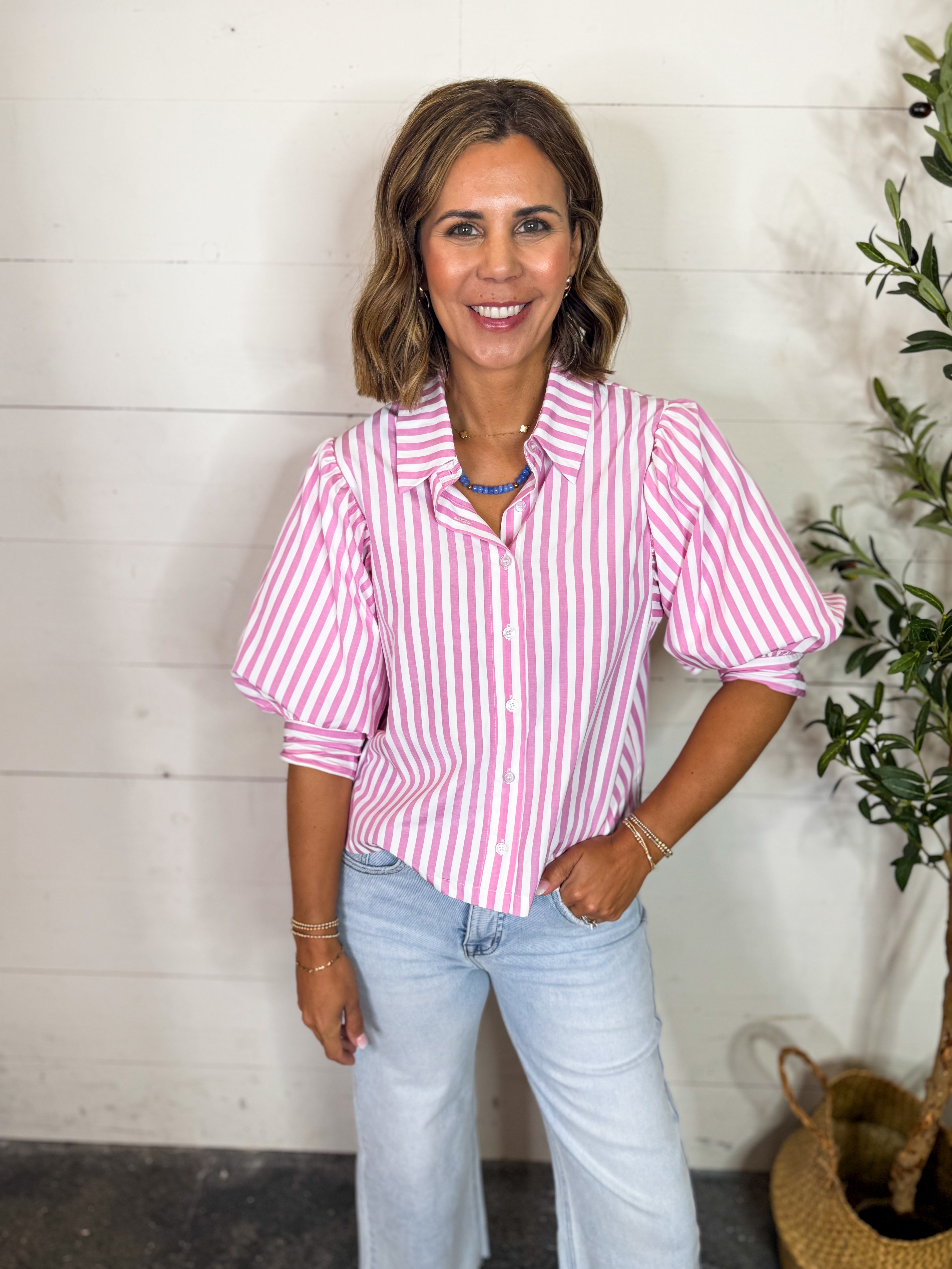 Pink Striped Button Down Cropped Top