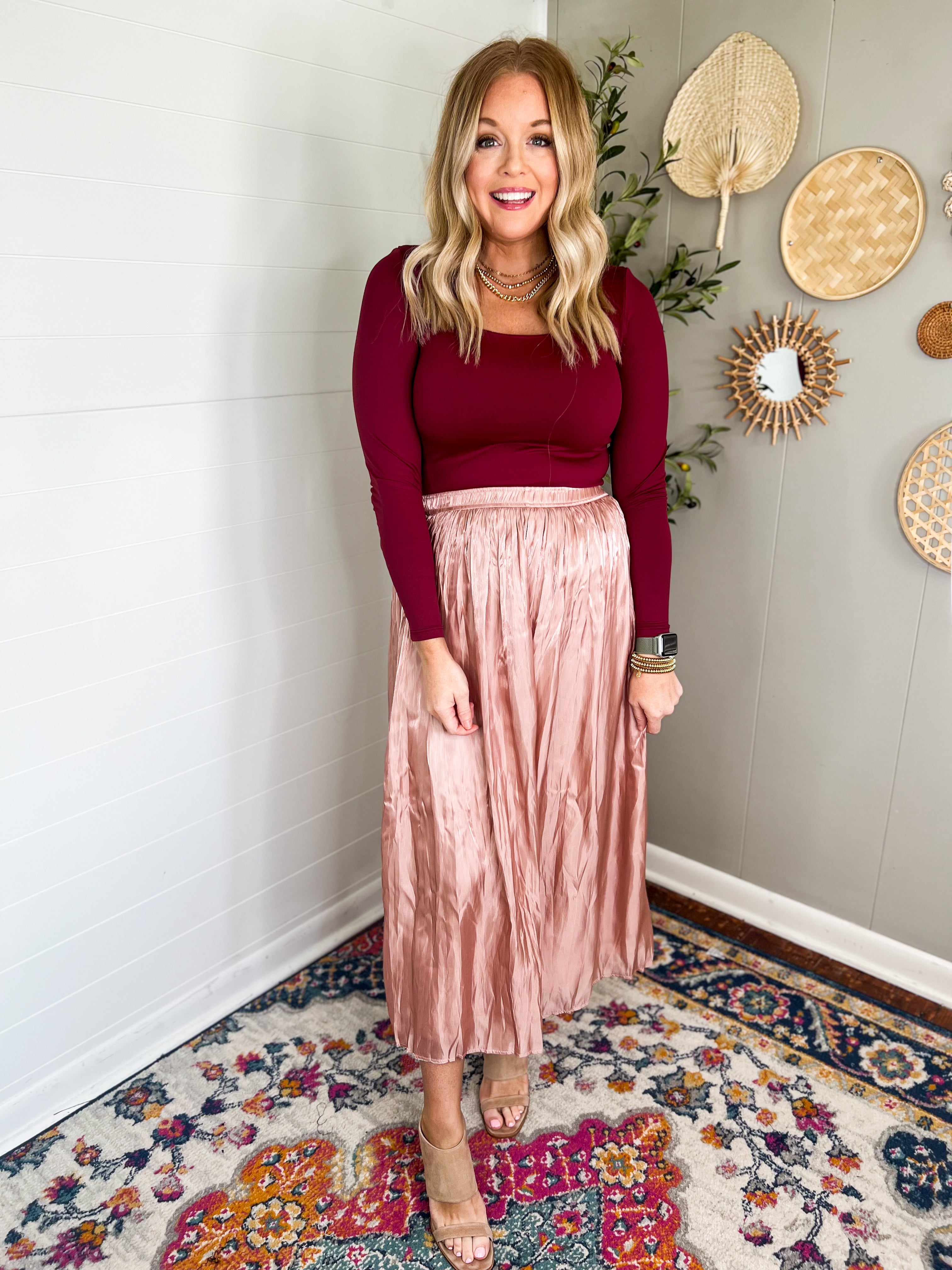 Rose Gold Pleated Midi Skirt