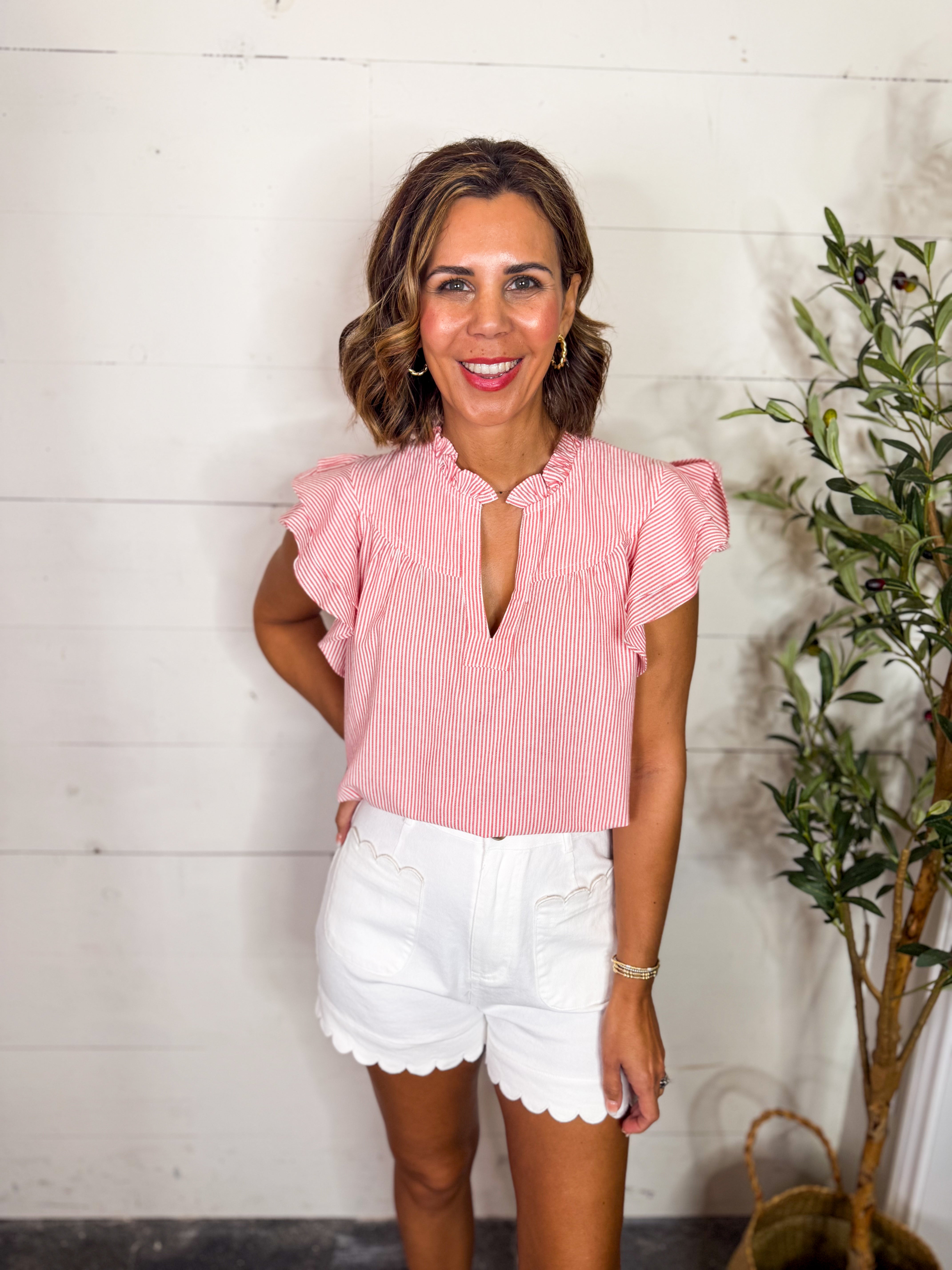 Striped V-Neck Ruffle Top