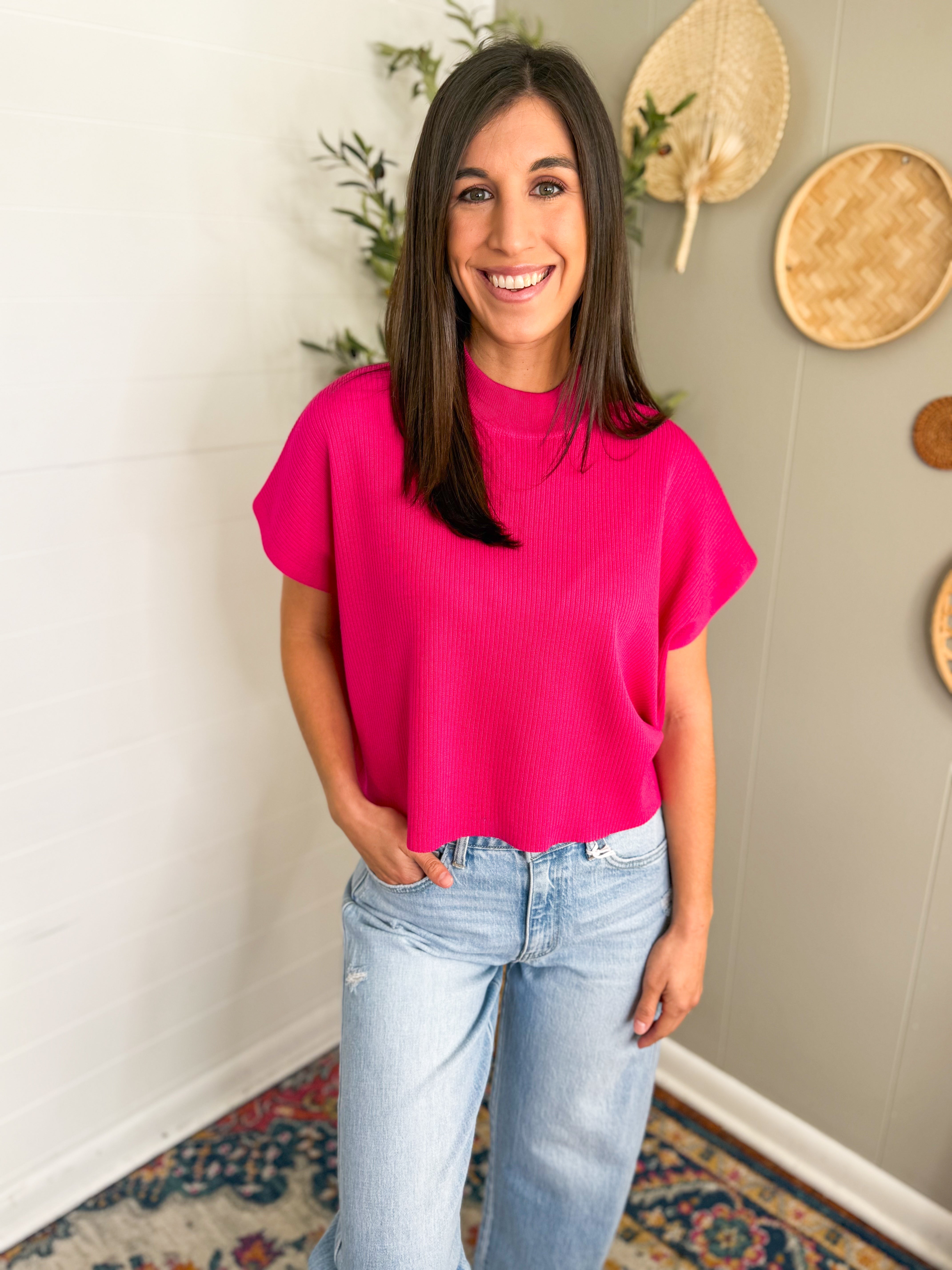 Viscose Mock Neck Short Sleeve Boxy Sweater