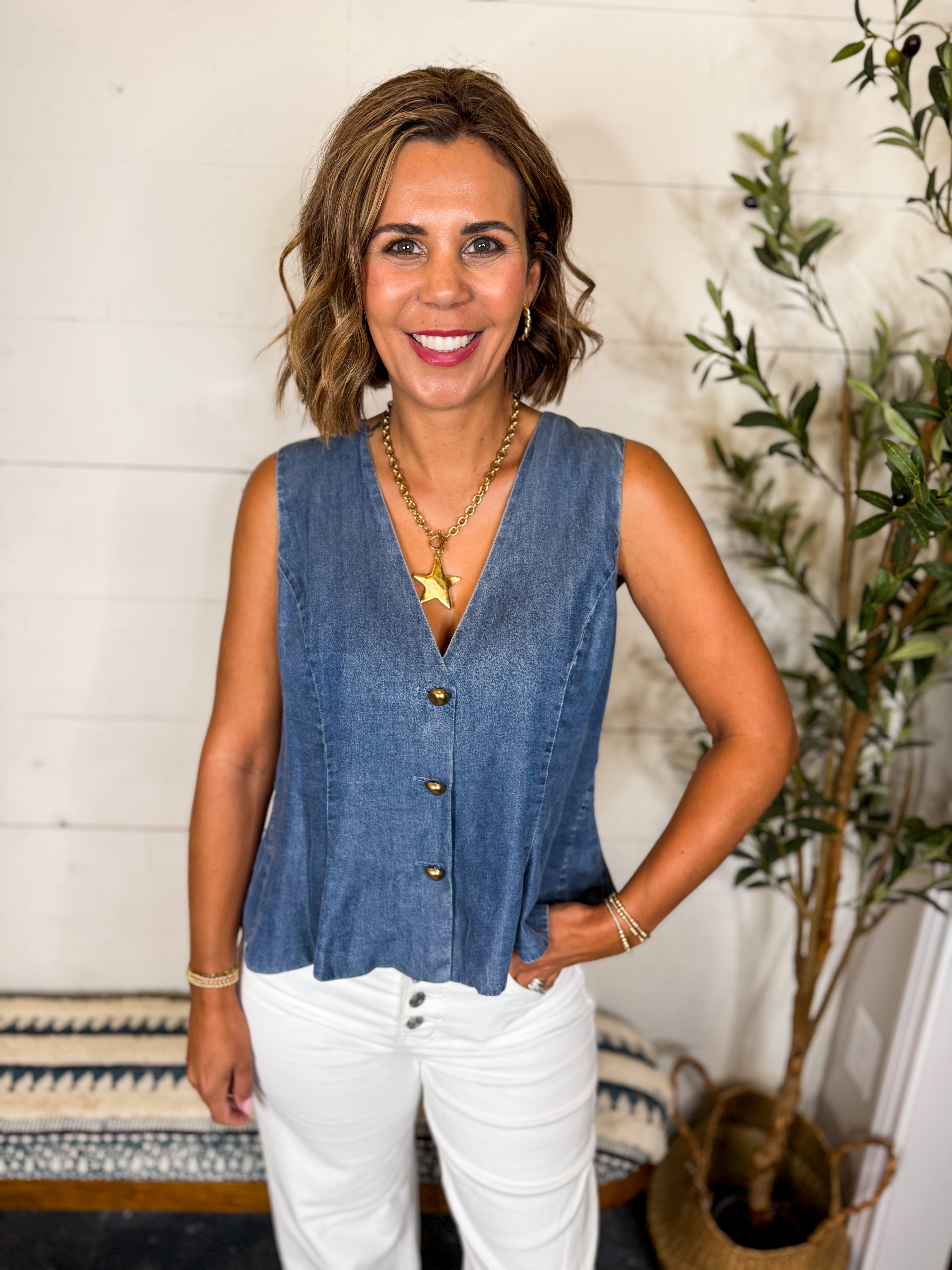 Denim Peplum Button Front Vest