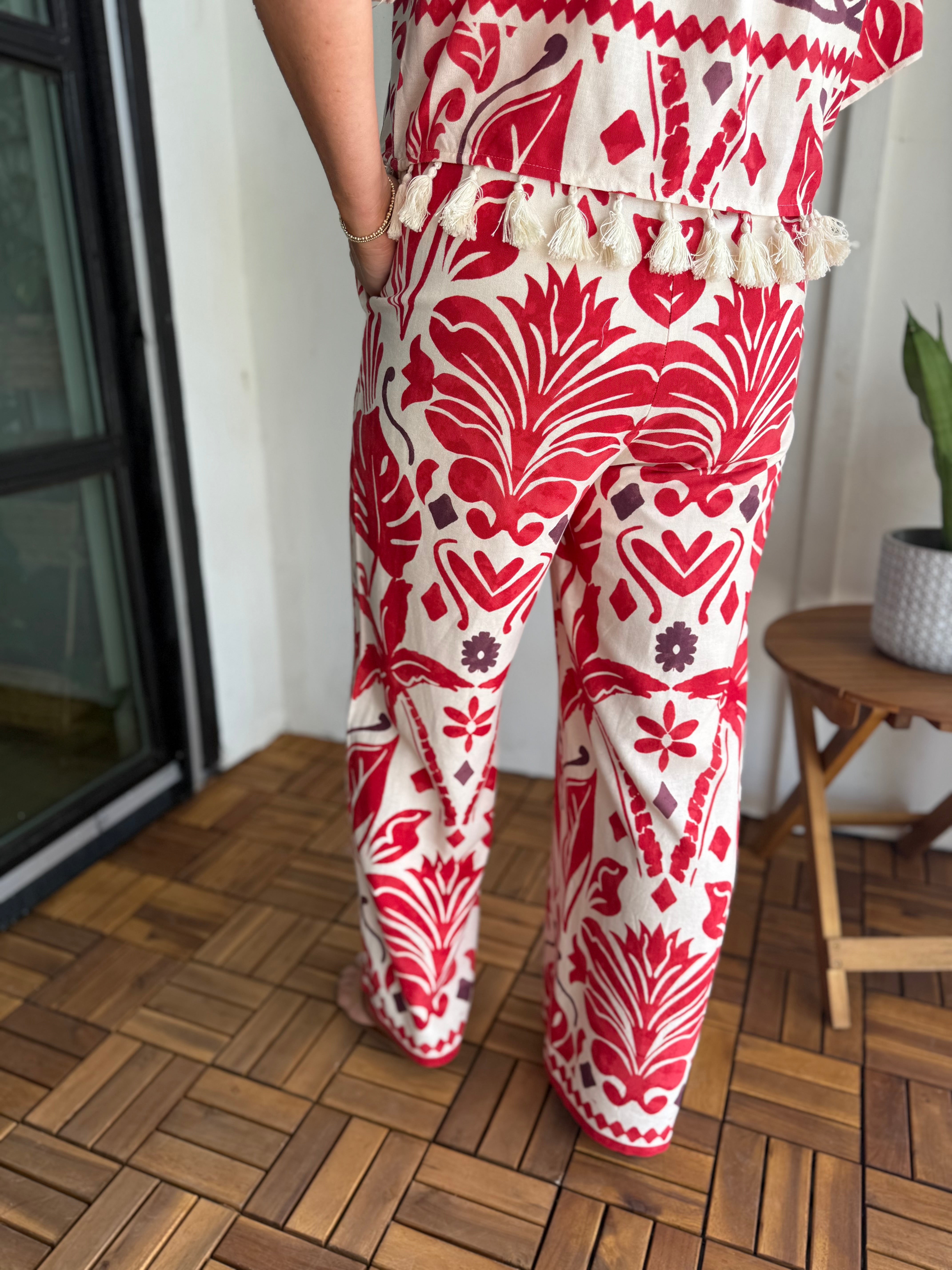 Geo Tropical Drawstring Waist Wide Leg Pant