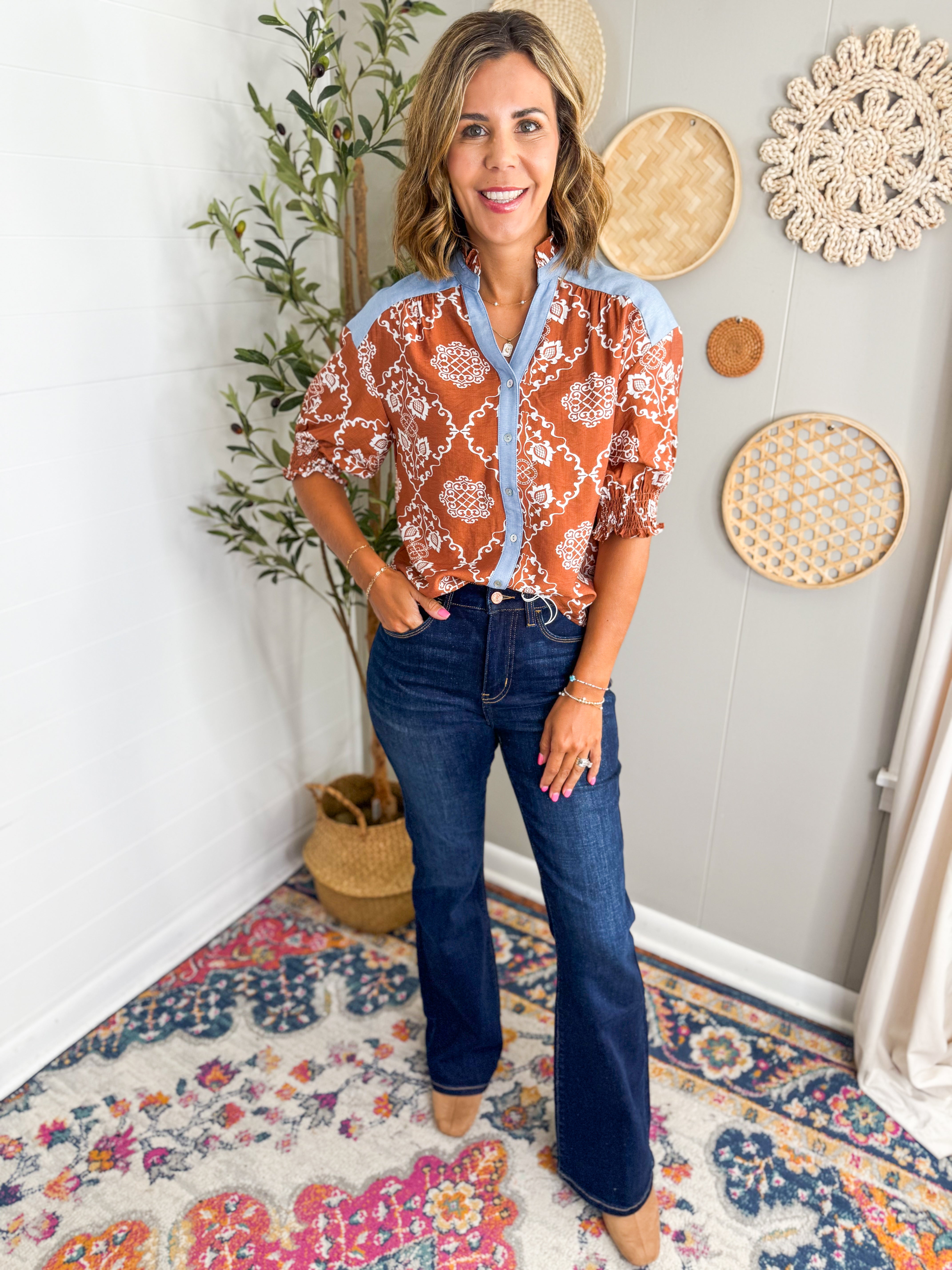 THML Printed Top With Contrast Denim Detail