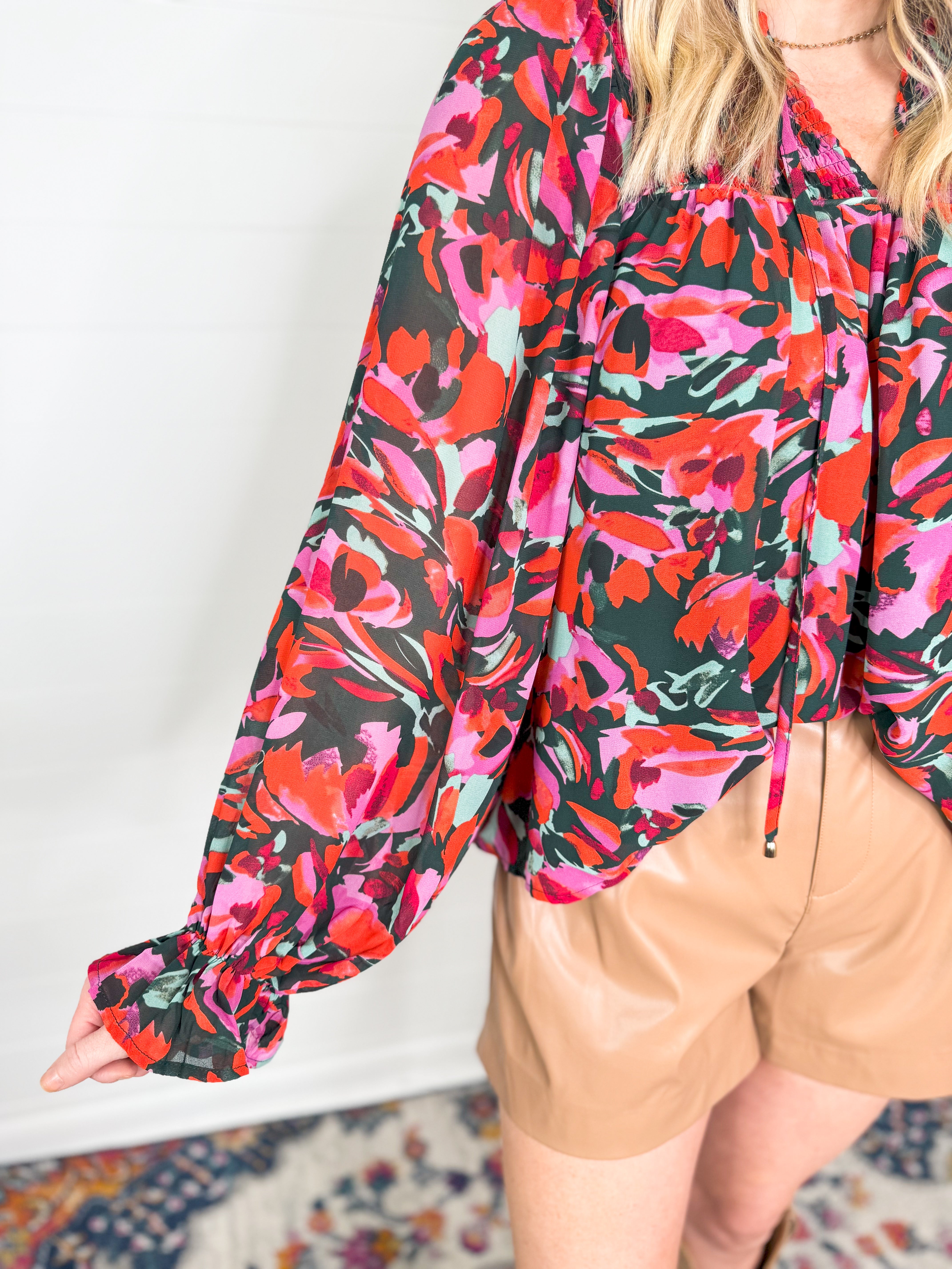 Hunter Green Floral Tie Front Long Sleeve Blouse