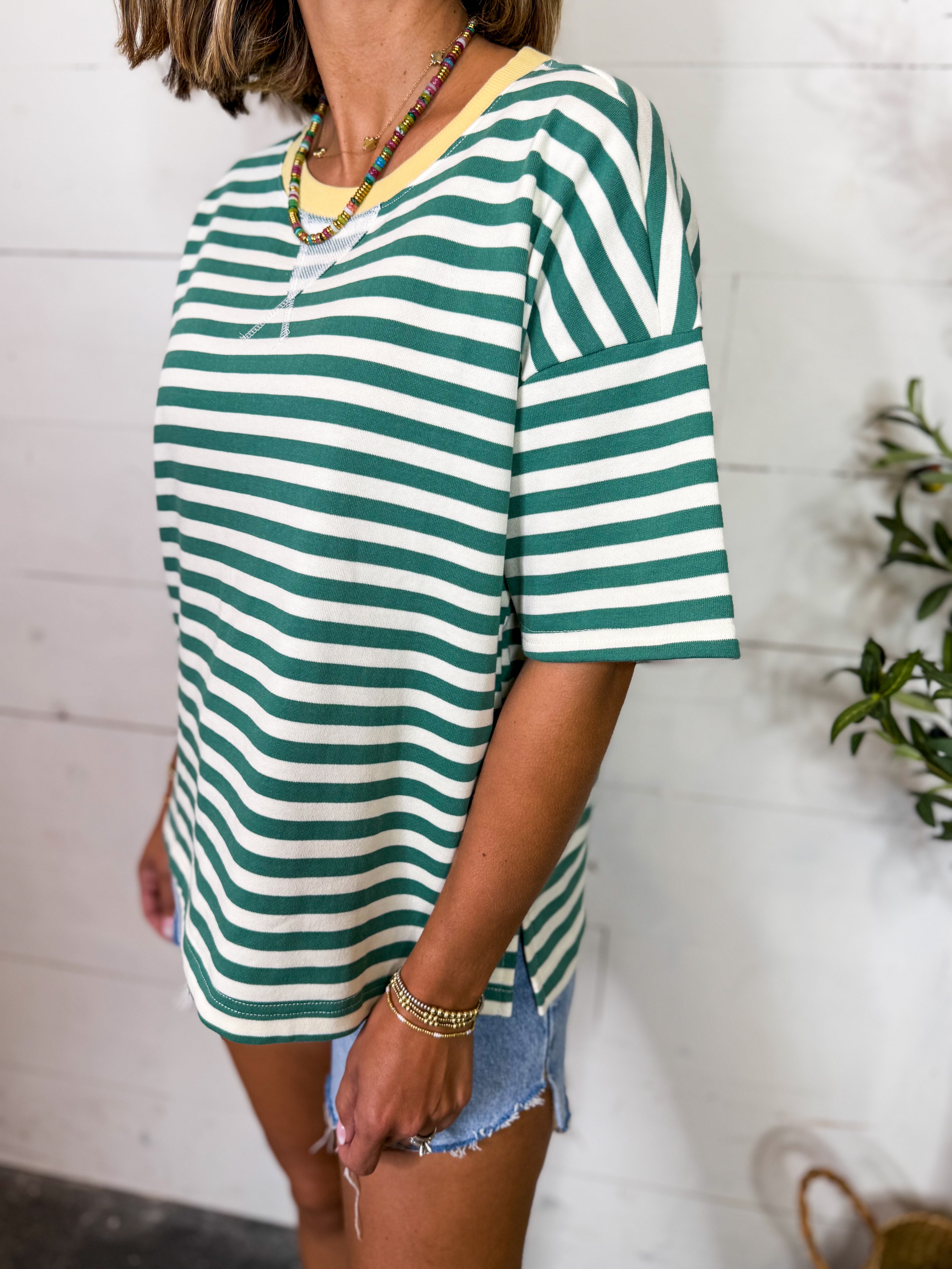 Green Stripe Contrast Neckline Short Sleeve Knit Top