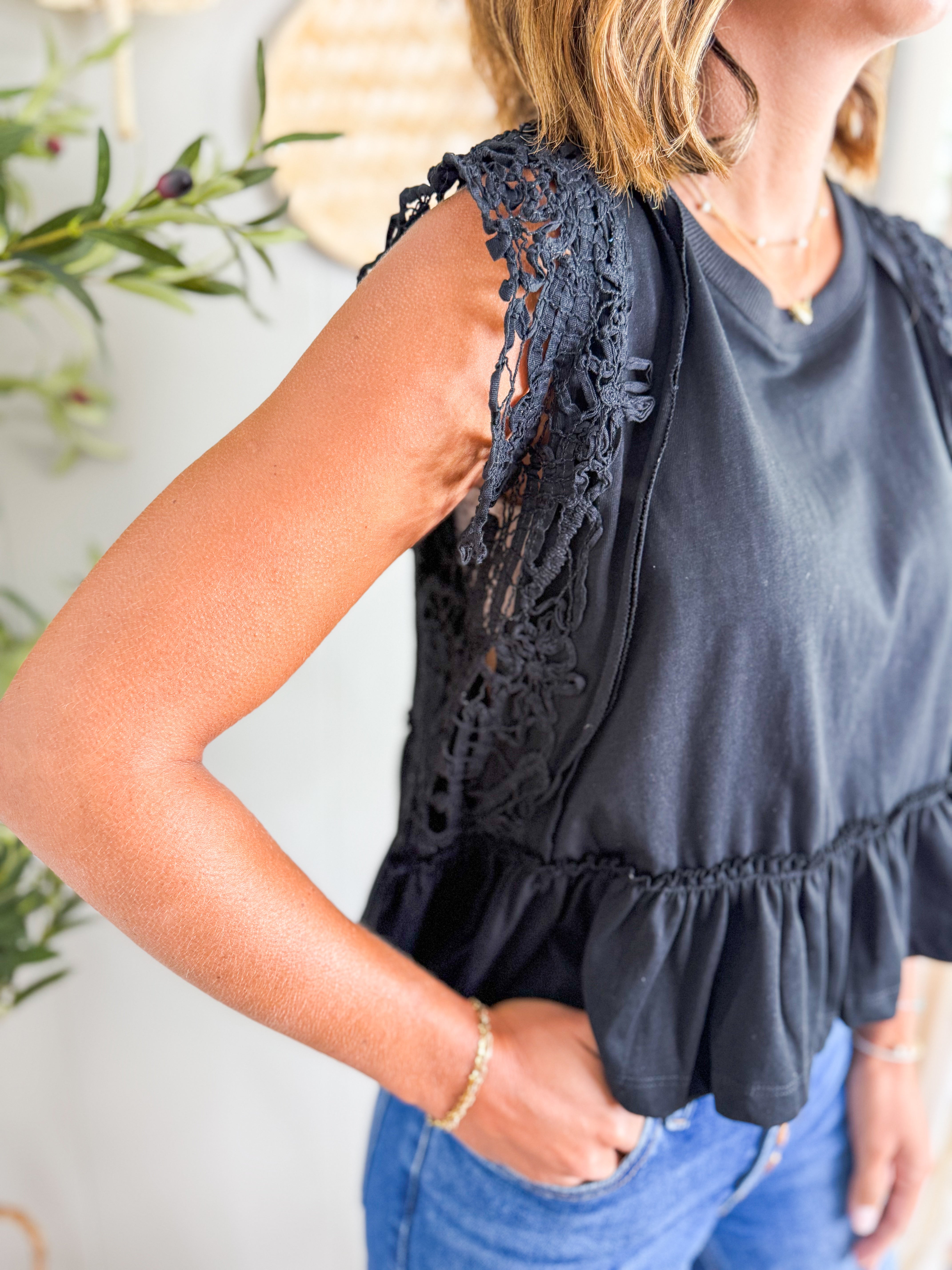 Sage Side Lace Trim Ruffle Hem Top