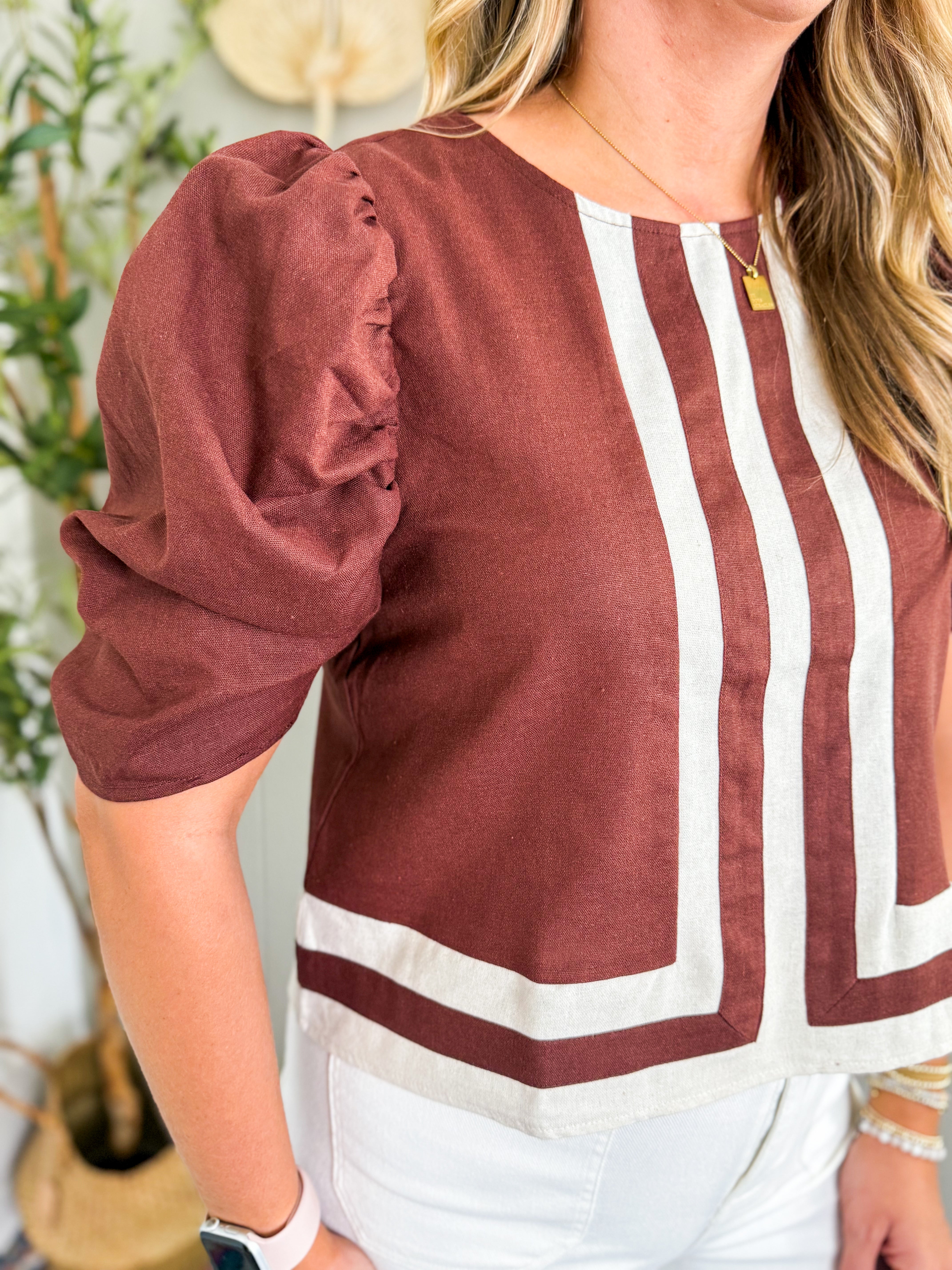 Brown & Ivory Stripe Detail Puff Sleeve Blouse