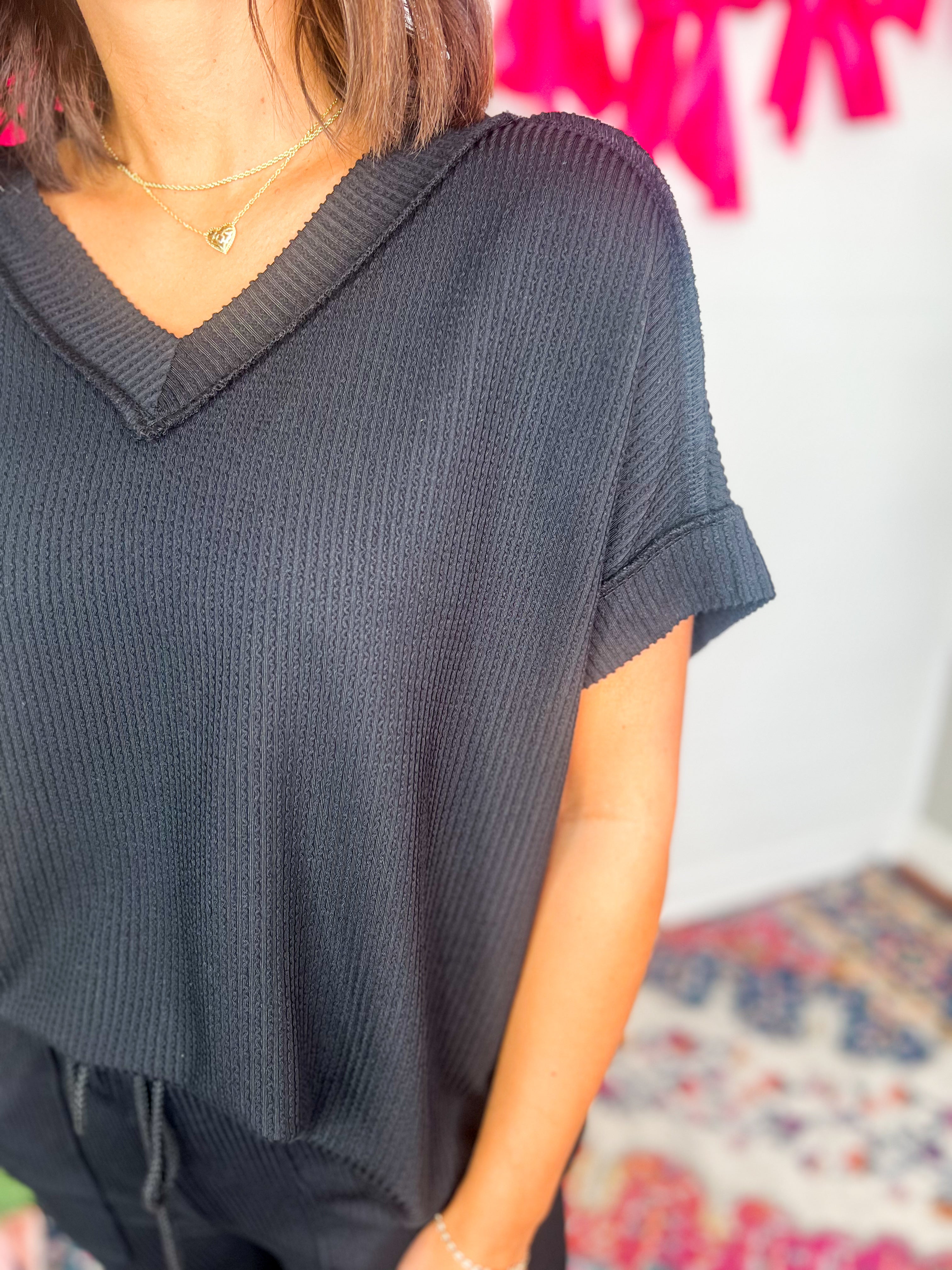 Textured V-Neck Short Sleeve Top