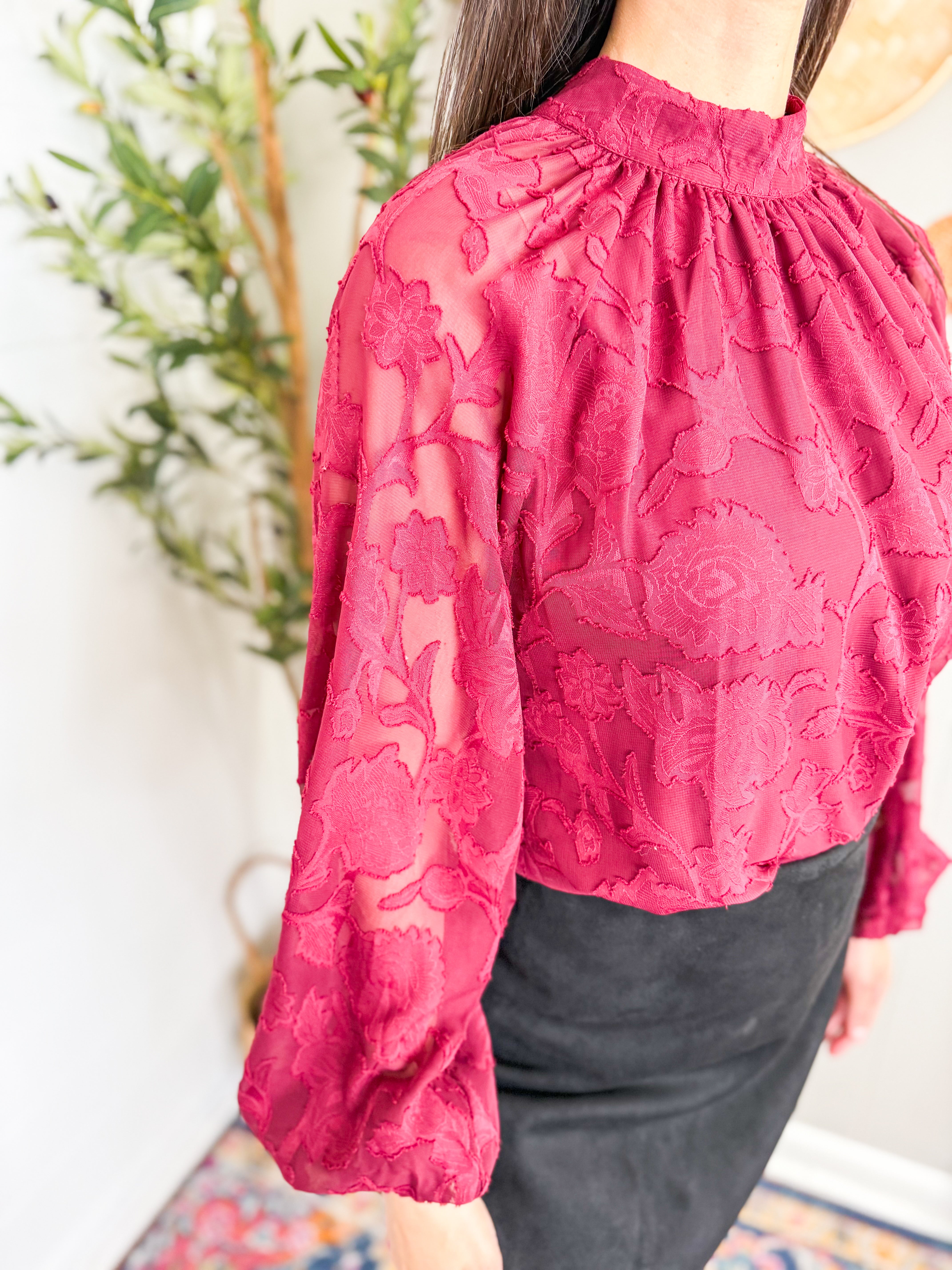 Burgundy textured woven top