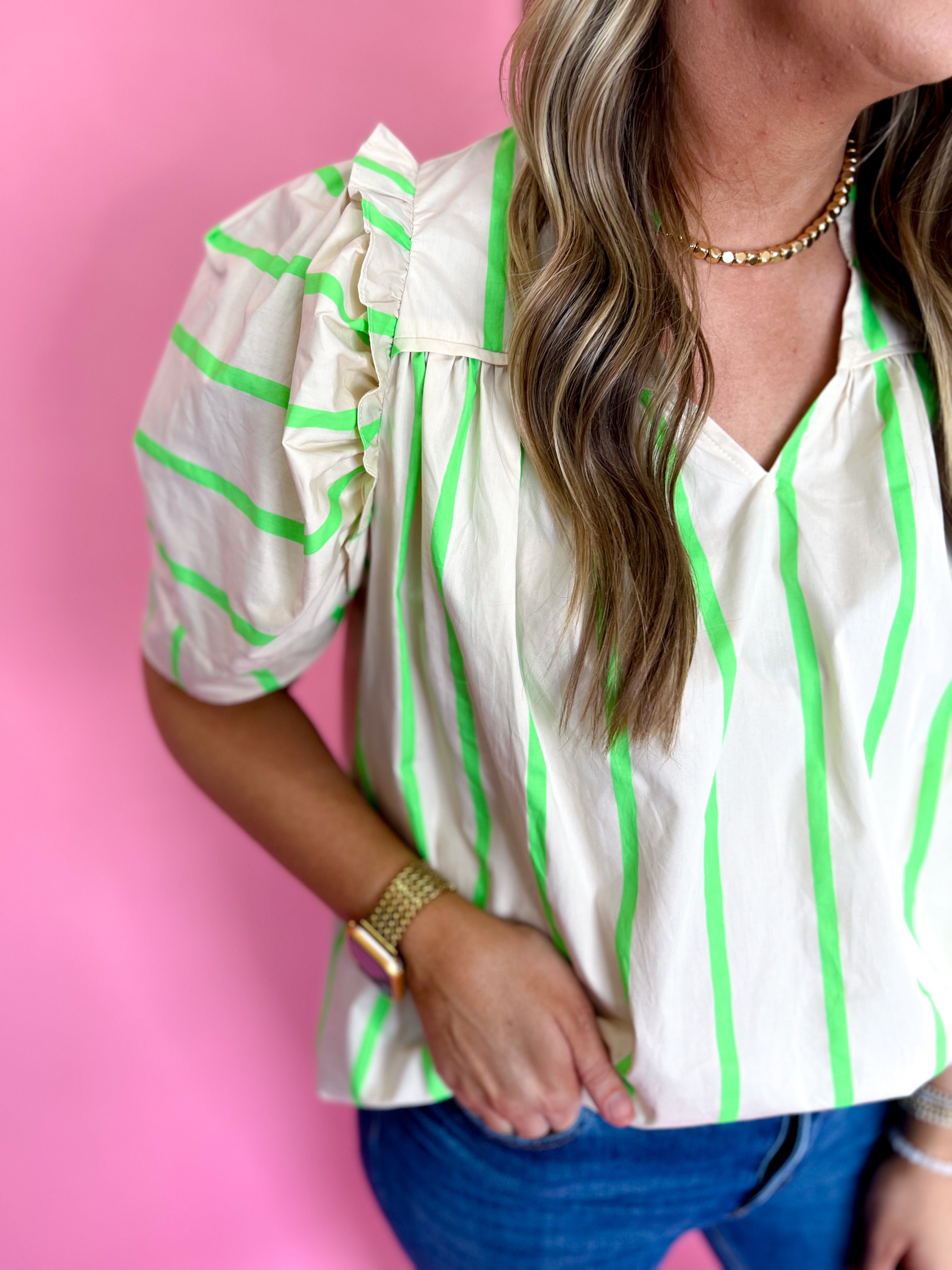 Lime Striped Ruffle Trimmed Short Sleeve Top