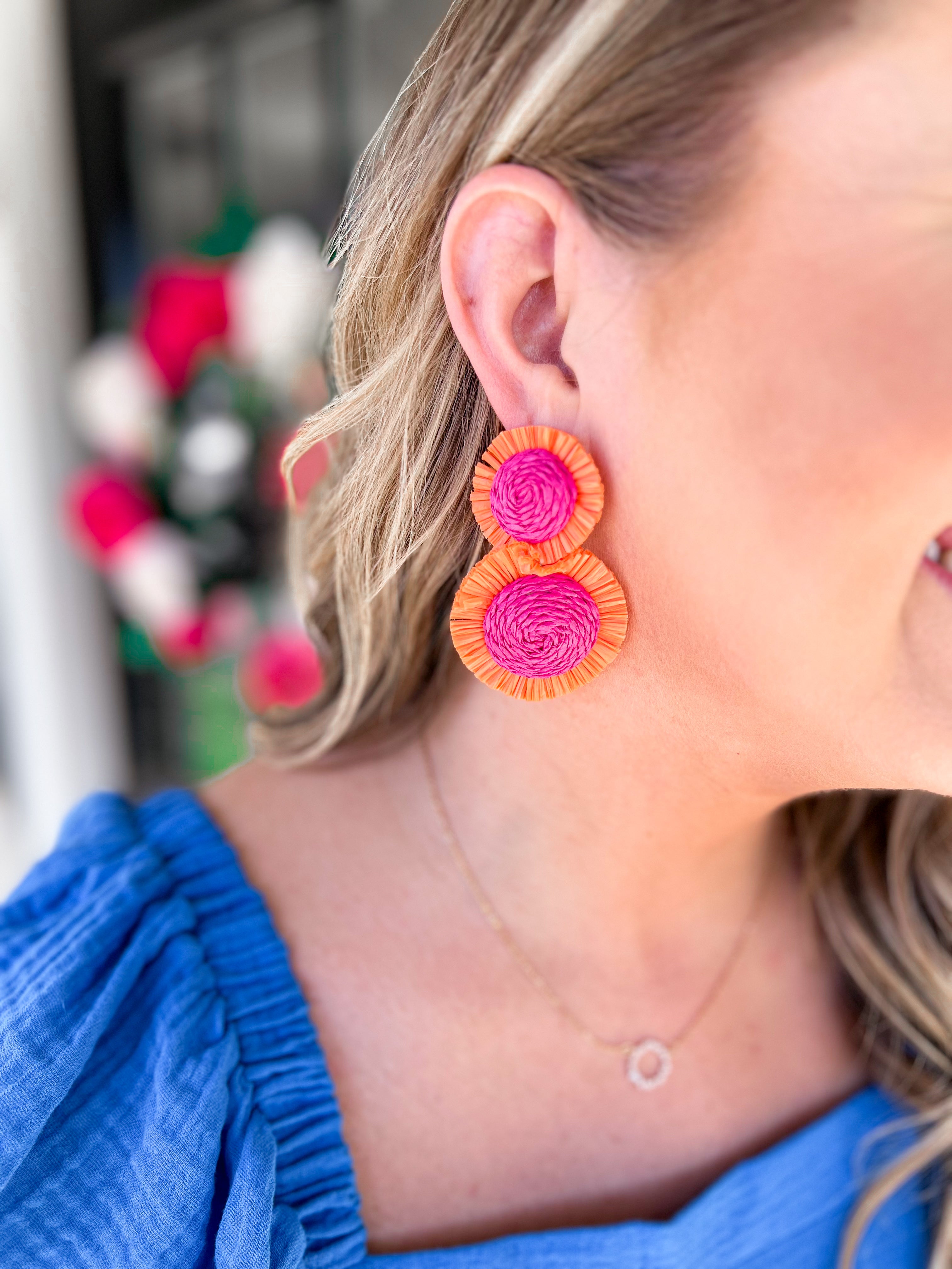 Pink and Orange Raffia Earrings