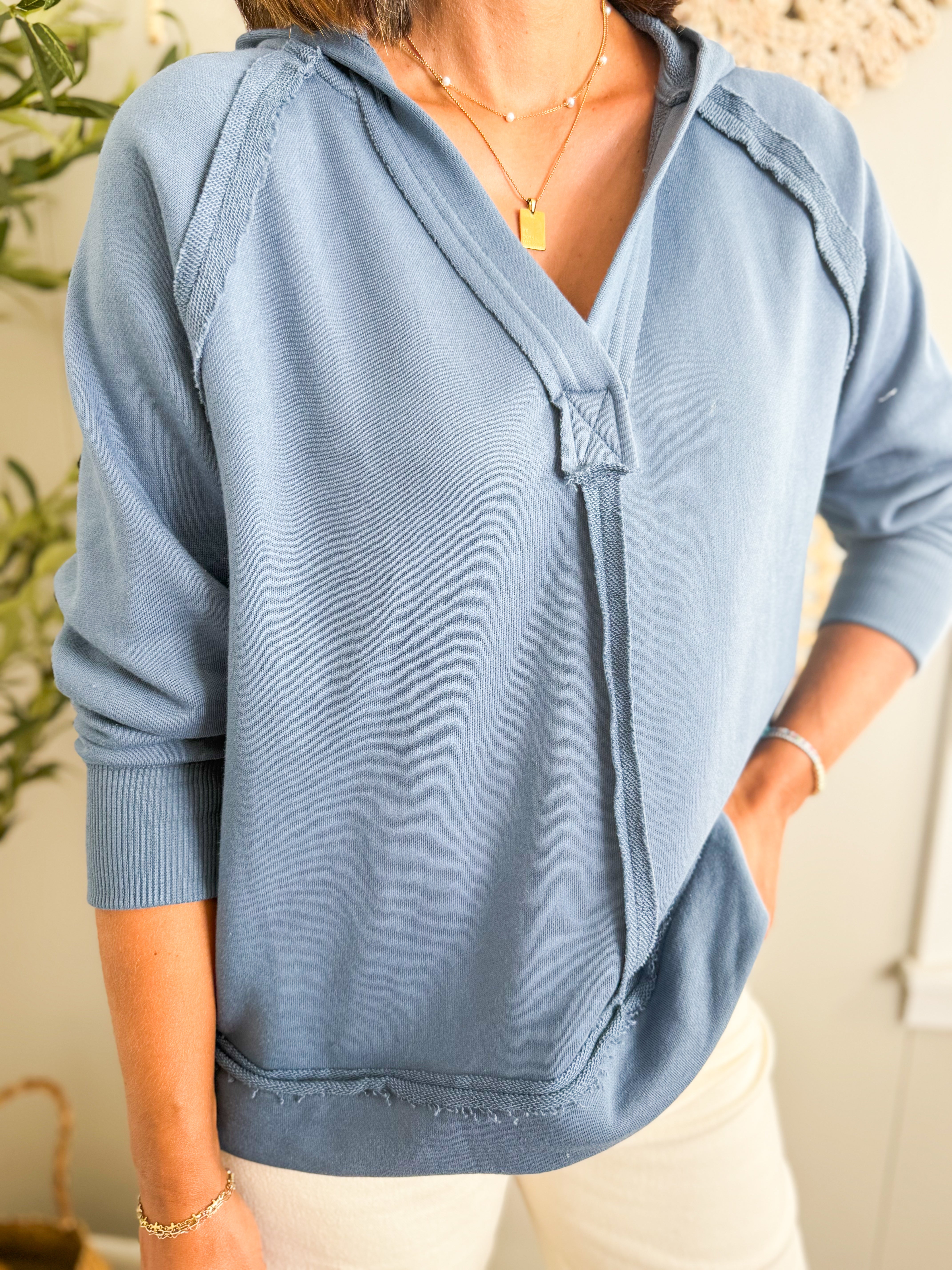 Hooded V Neck Raw Edge Long Sleeve Knit Top