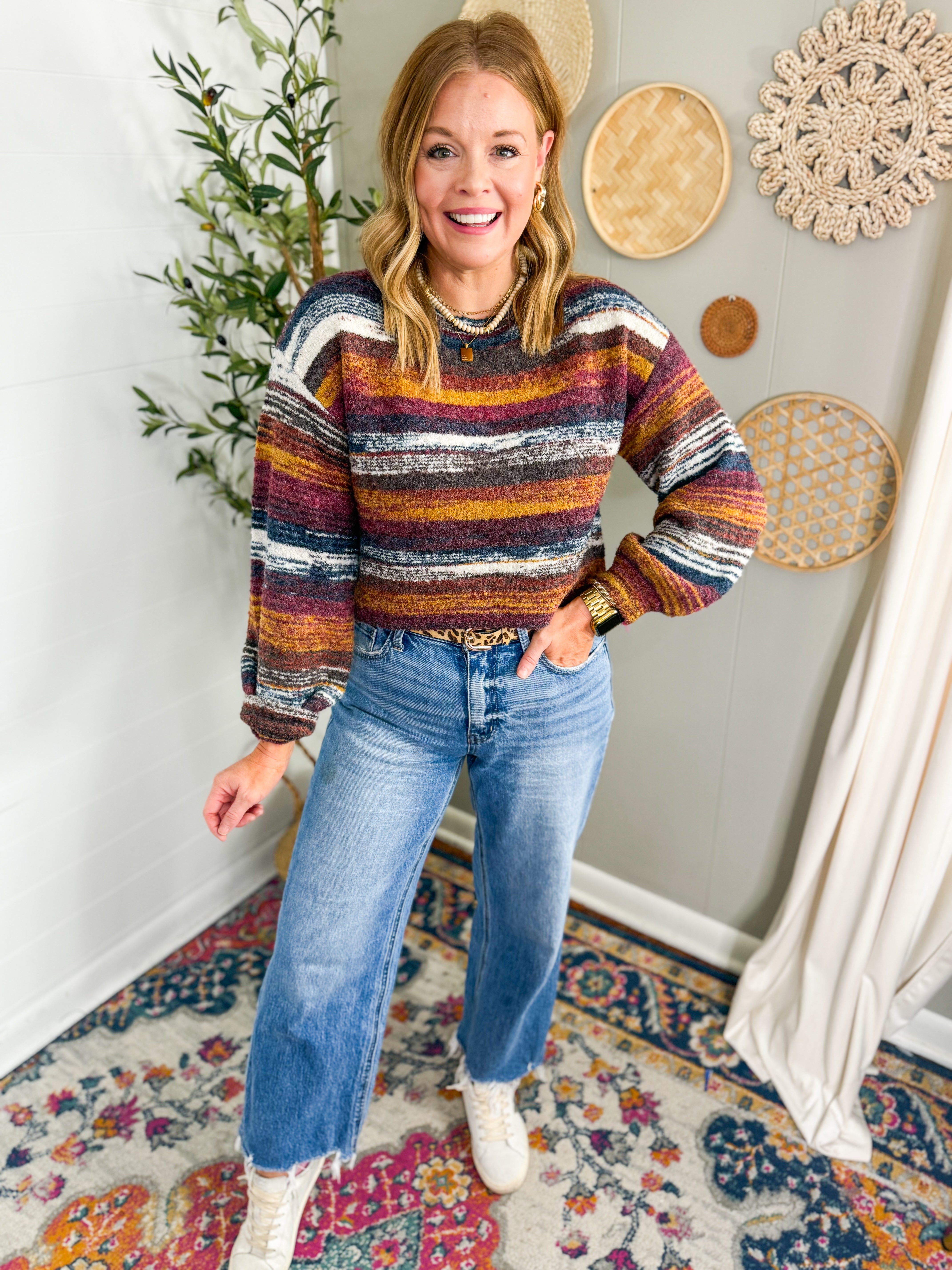 Multi Color Striped Boatneck Sweater