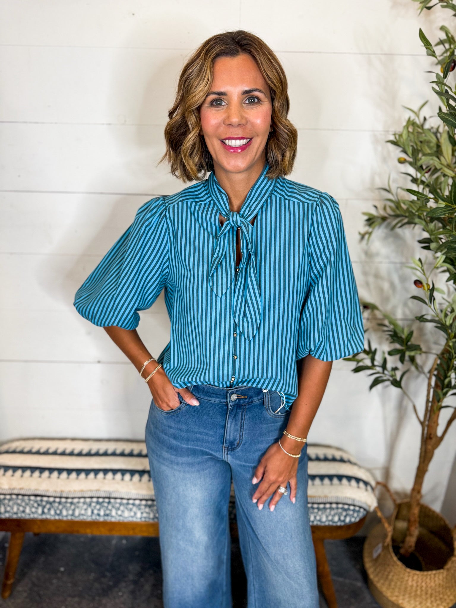 Blue Striped Button Down with Tie