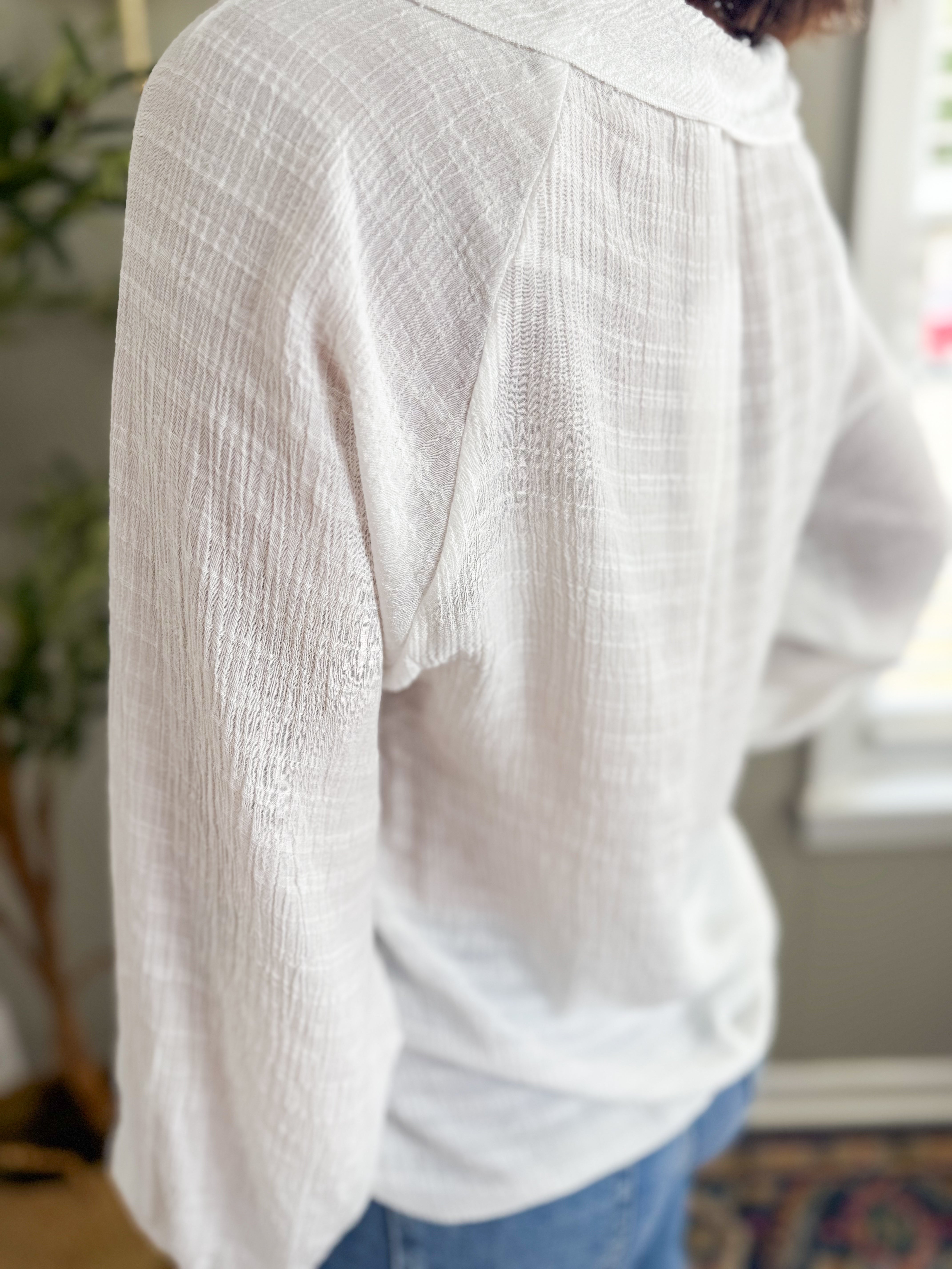 V-Neck Ruffle Front White Blouse