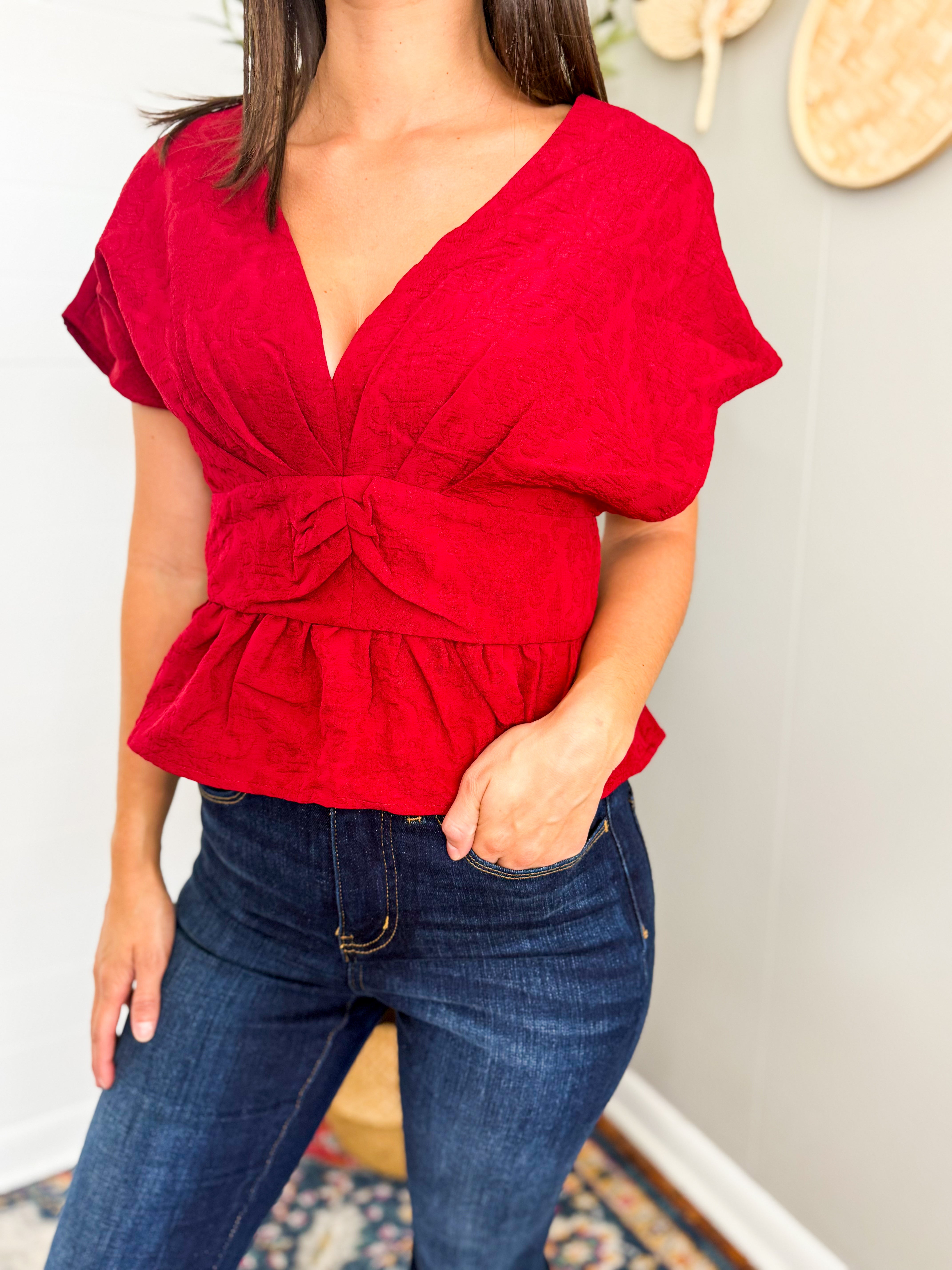 Burgundy V-Neck Peplum Top