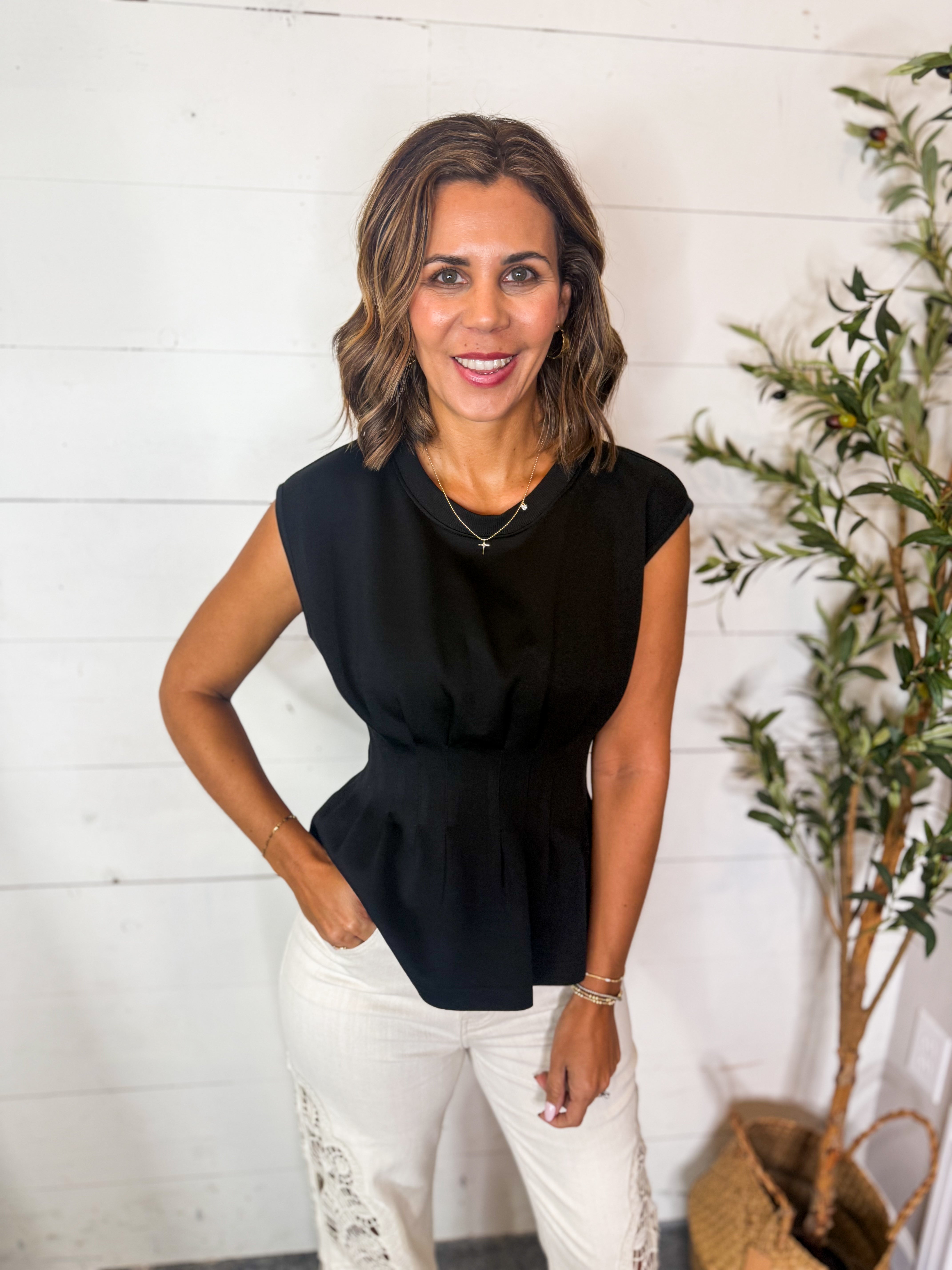 Black Round Neck Pleated Peplum Top