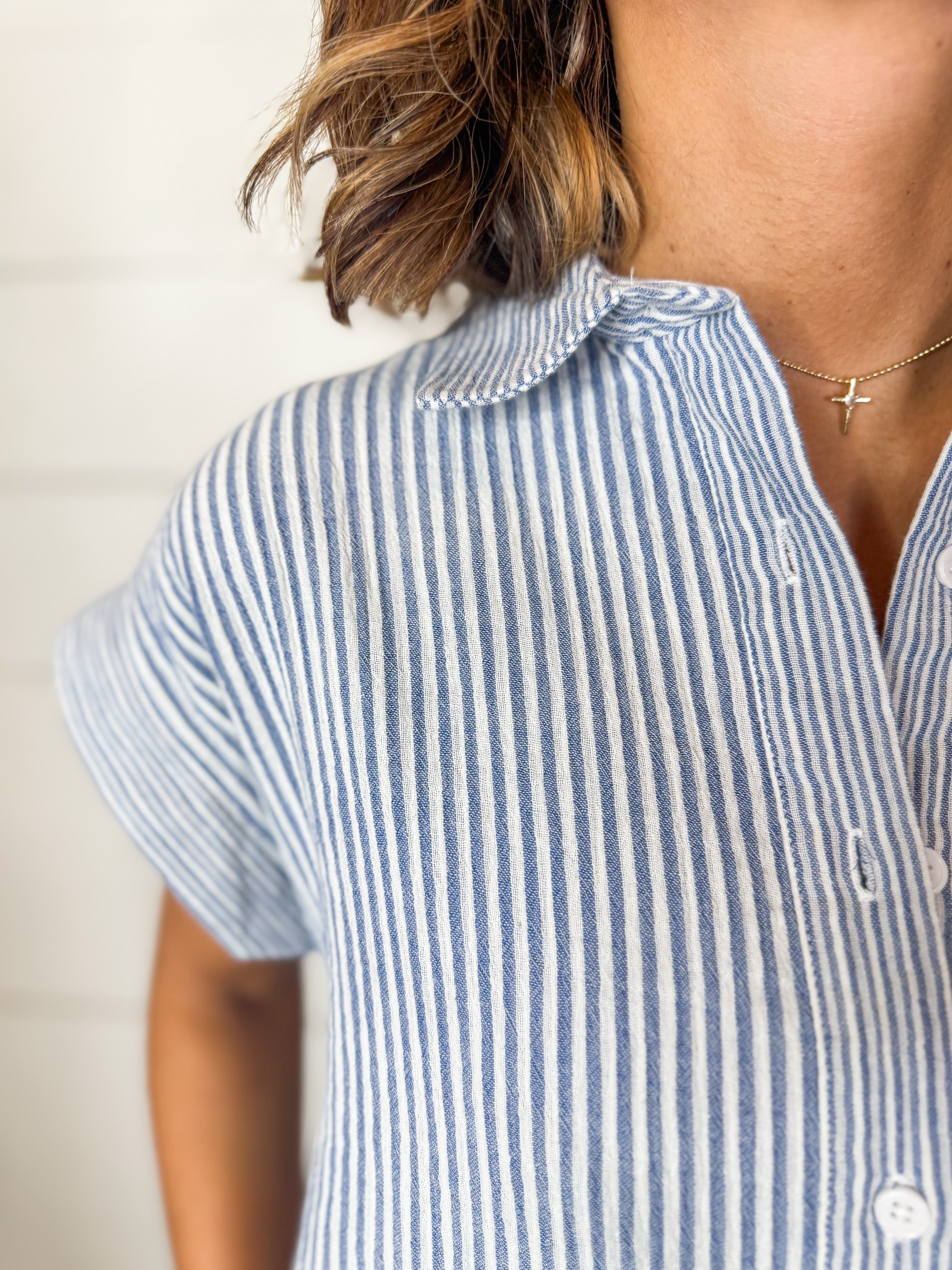 Crescent Dress-Ivory Blue Stripe