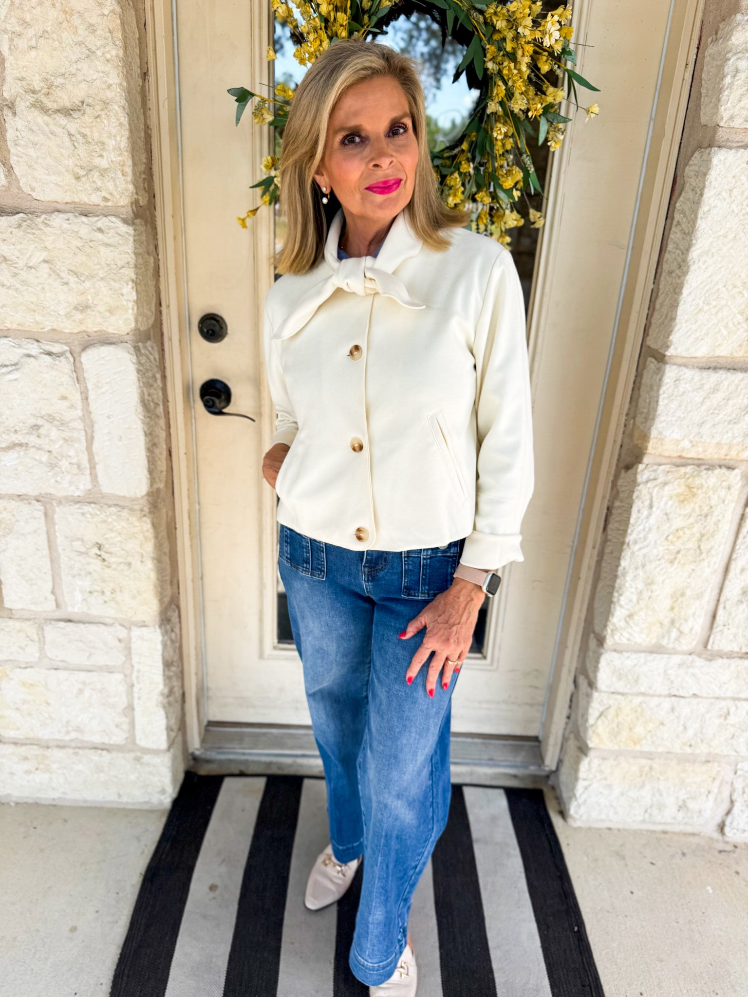 Solid Cropped Jacket With Neck Tie Detail
