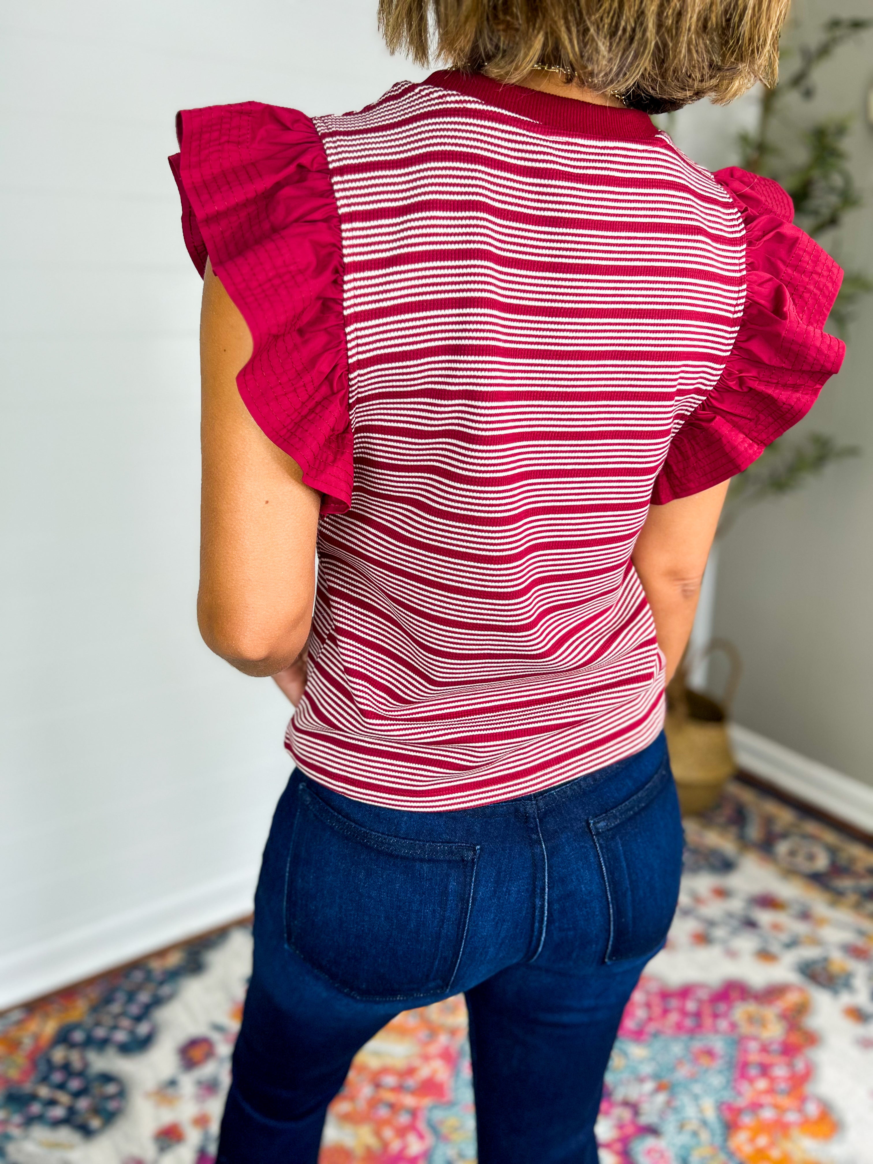 Maroon & White Striped Ruffle Sleeve Knit Top