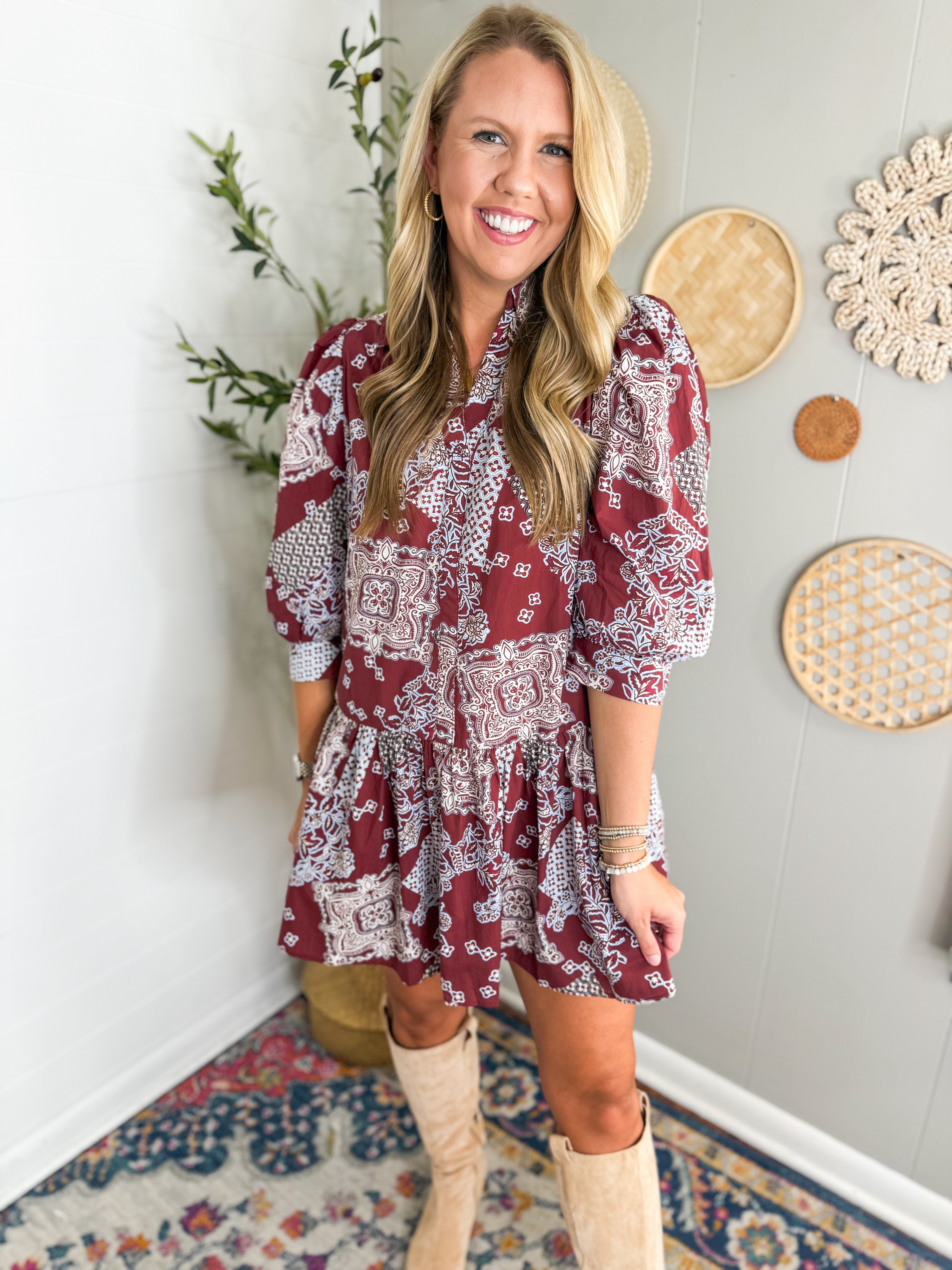 Burgundy Print Tiered Mini