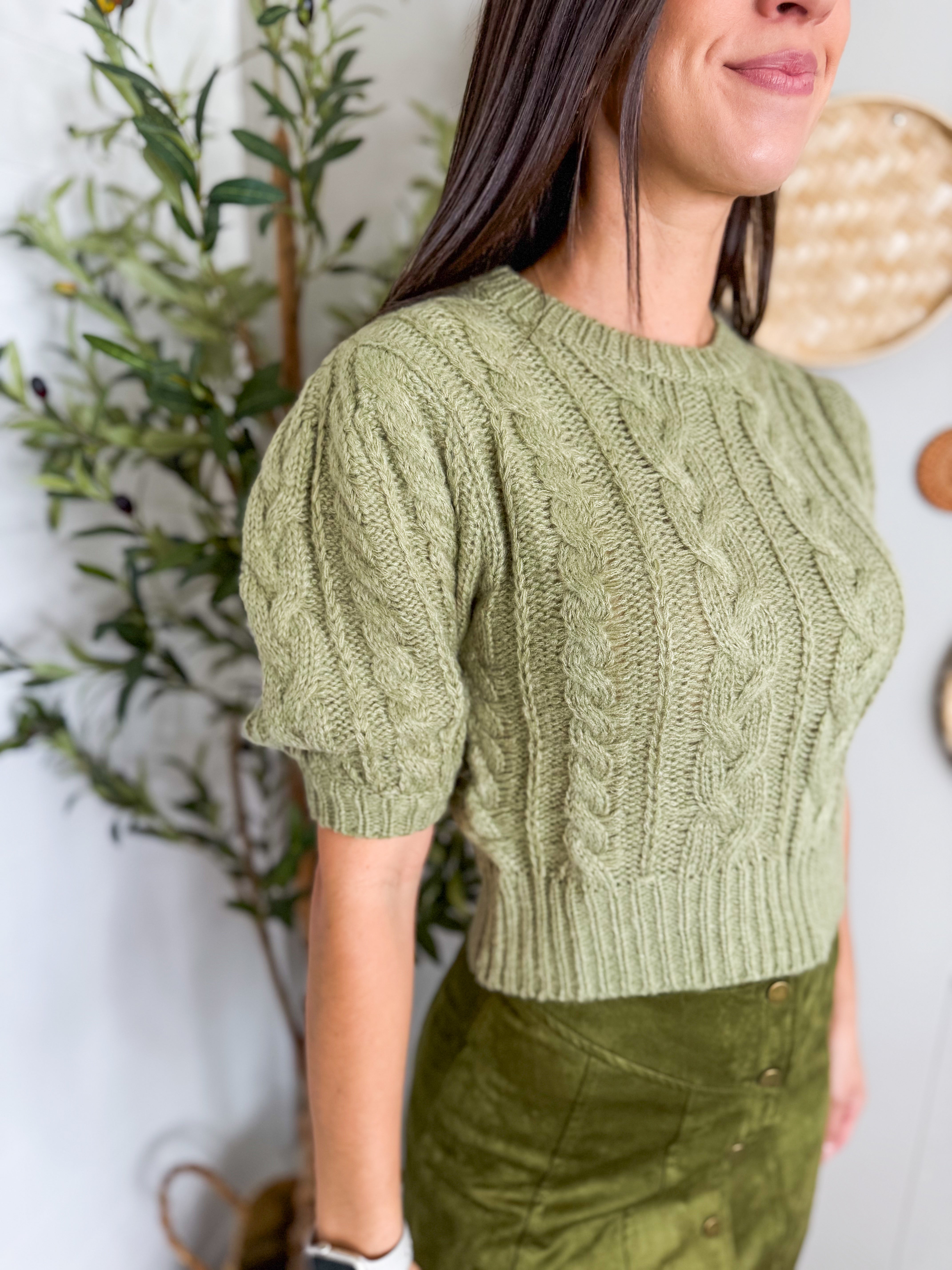 Olive Puff Sleeve Cable Knit Sweater