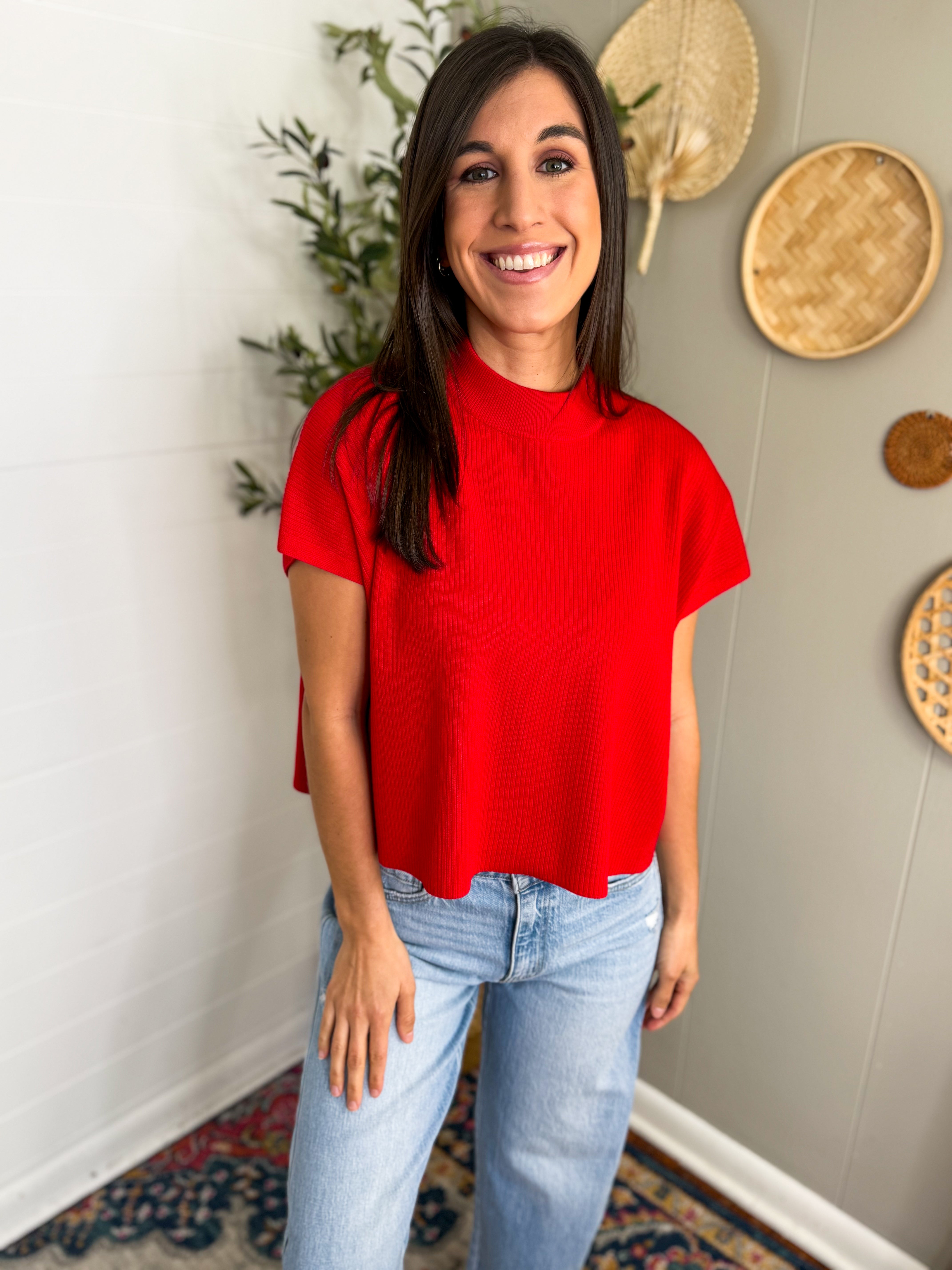 Viscose Mock Neck Short Sleeve Boxy Sweater