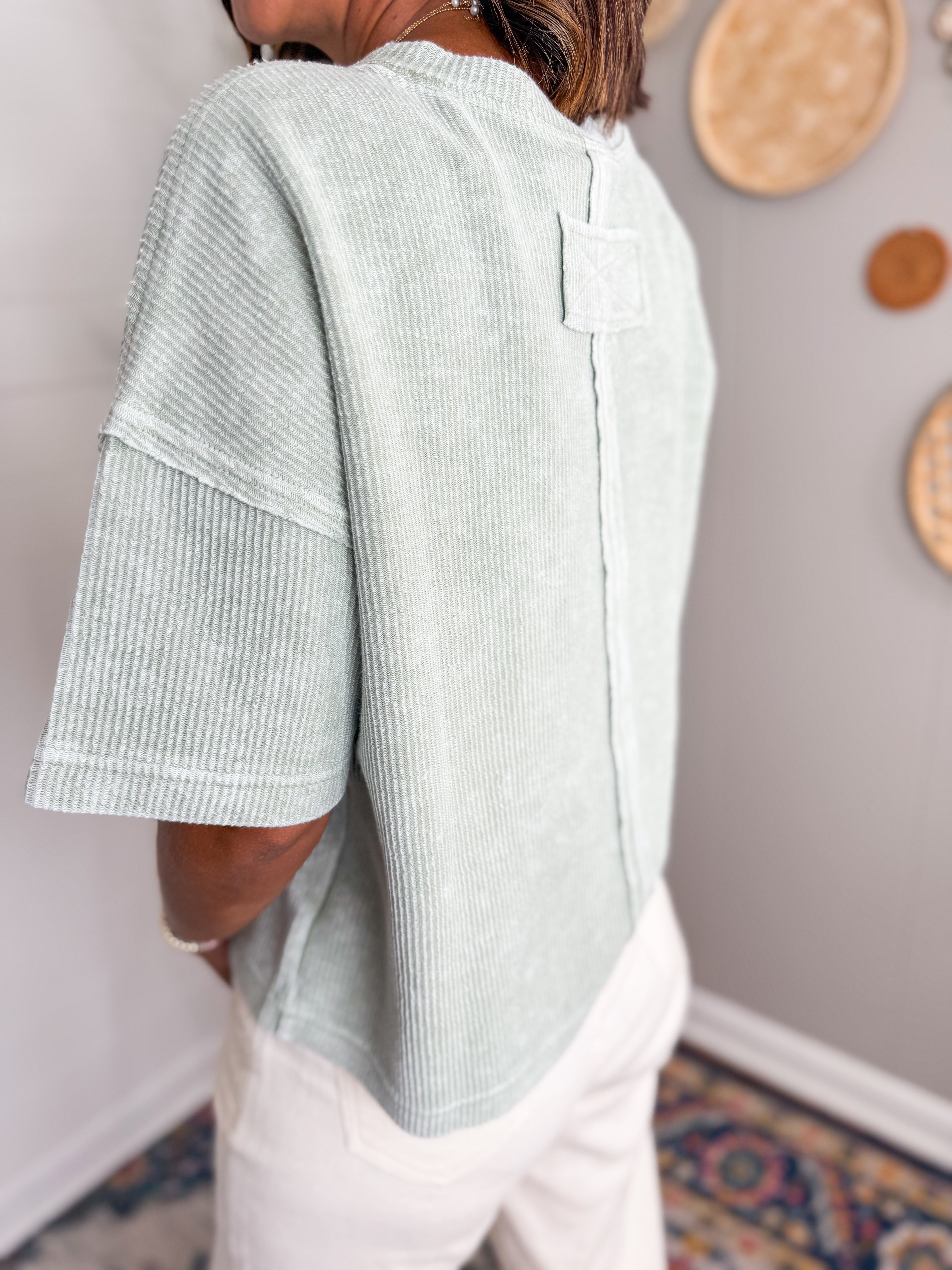 Sage Ribbed Short Sleeve Tee With Pocket