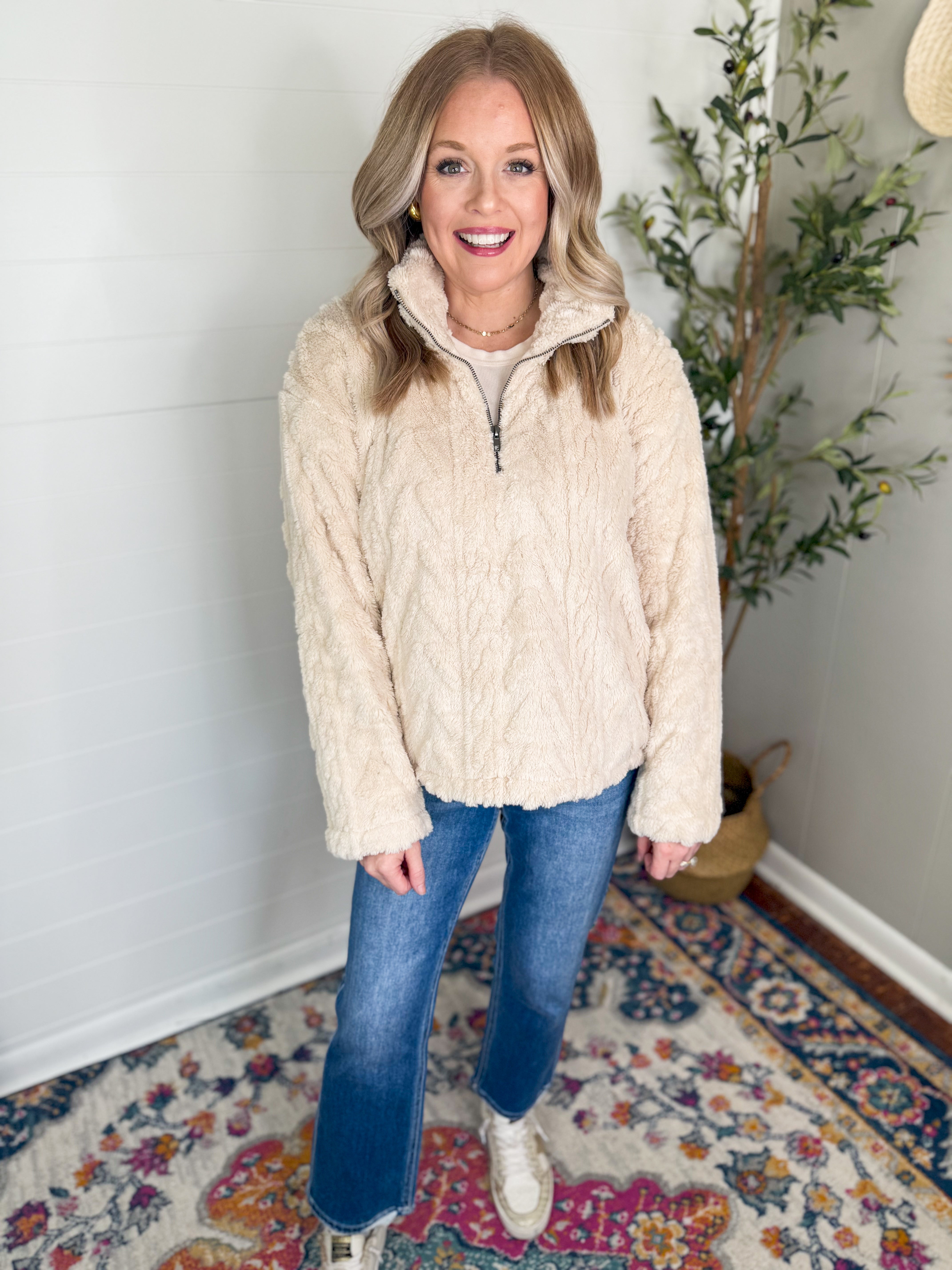 Fuzzy Half Zip Contrast Print Pullover