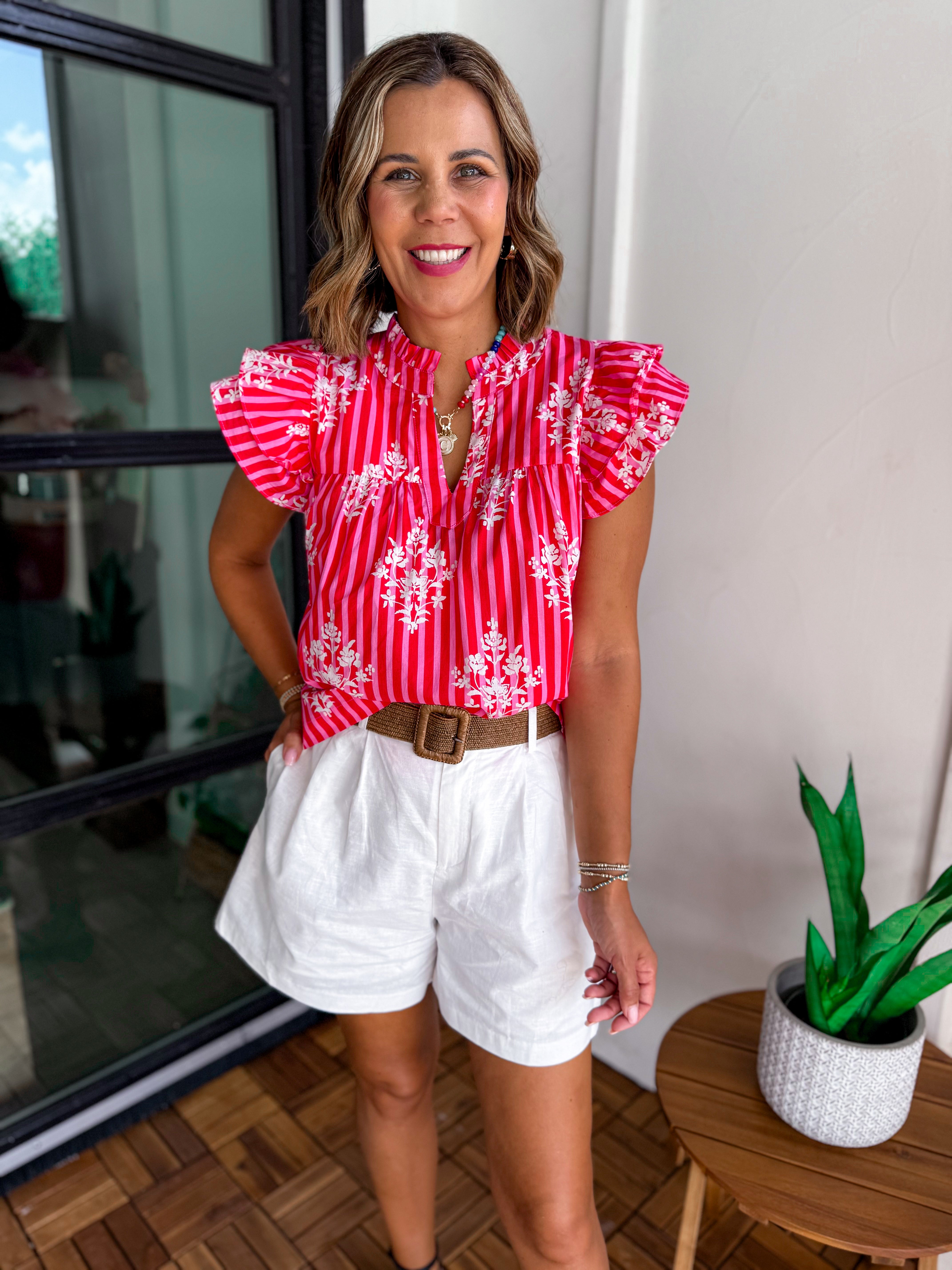 Stripe And Floral Ruffled Sleeve Blouse Top