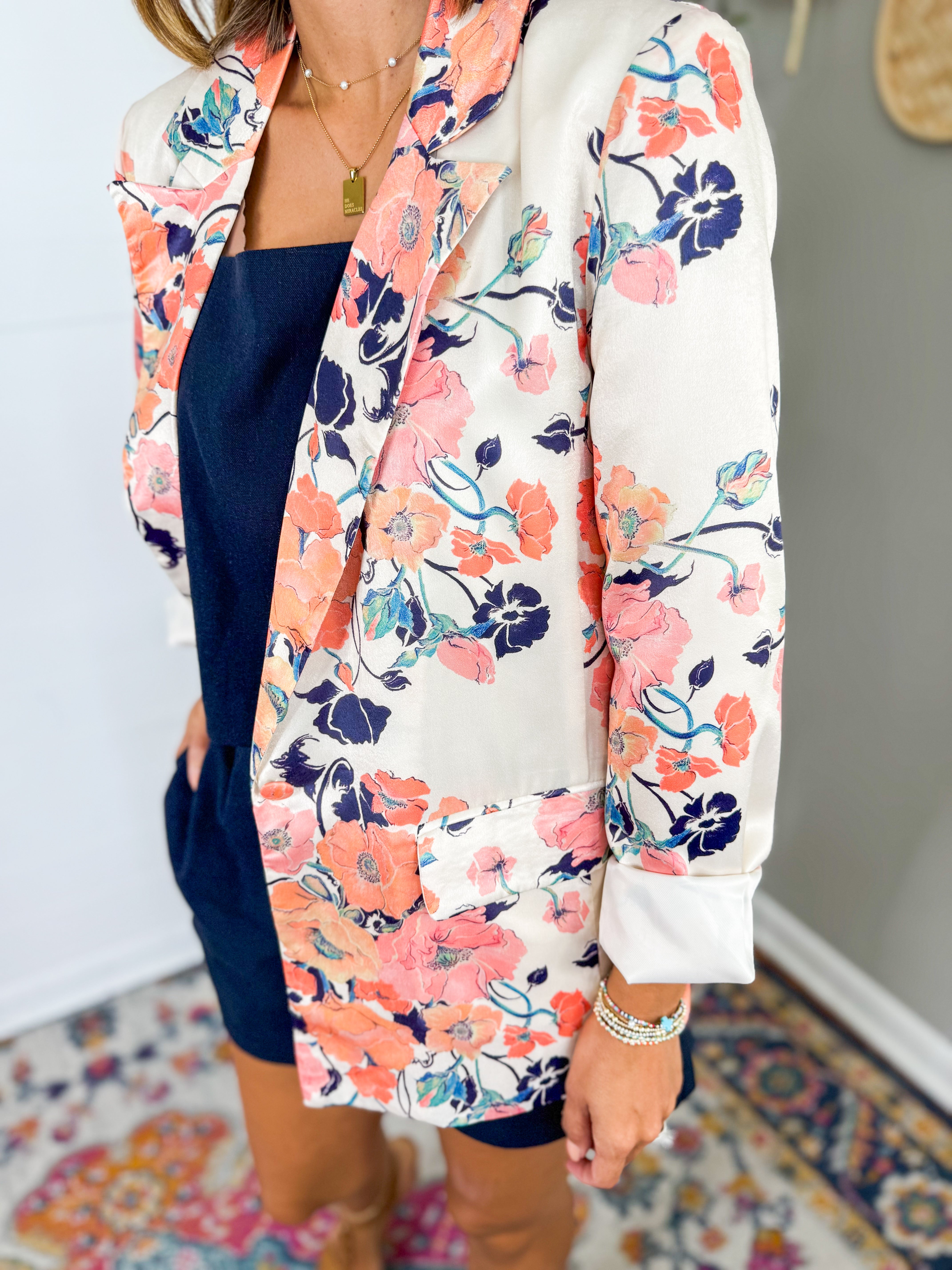 Bold Floral Print Satin Blazer