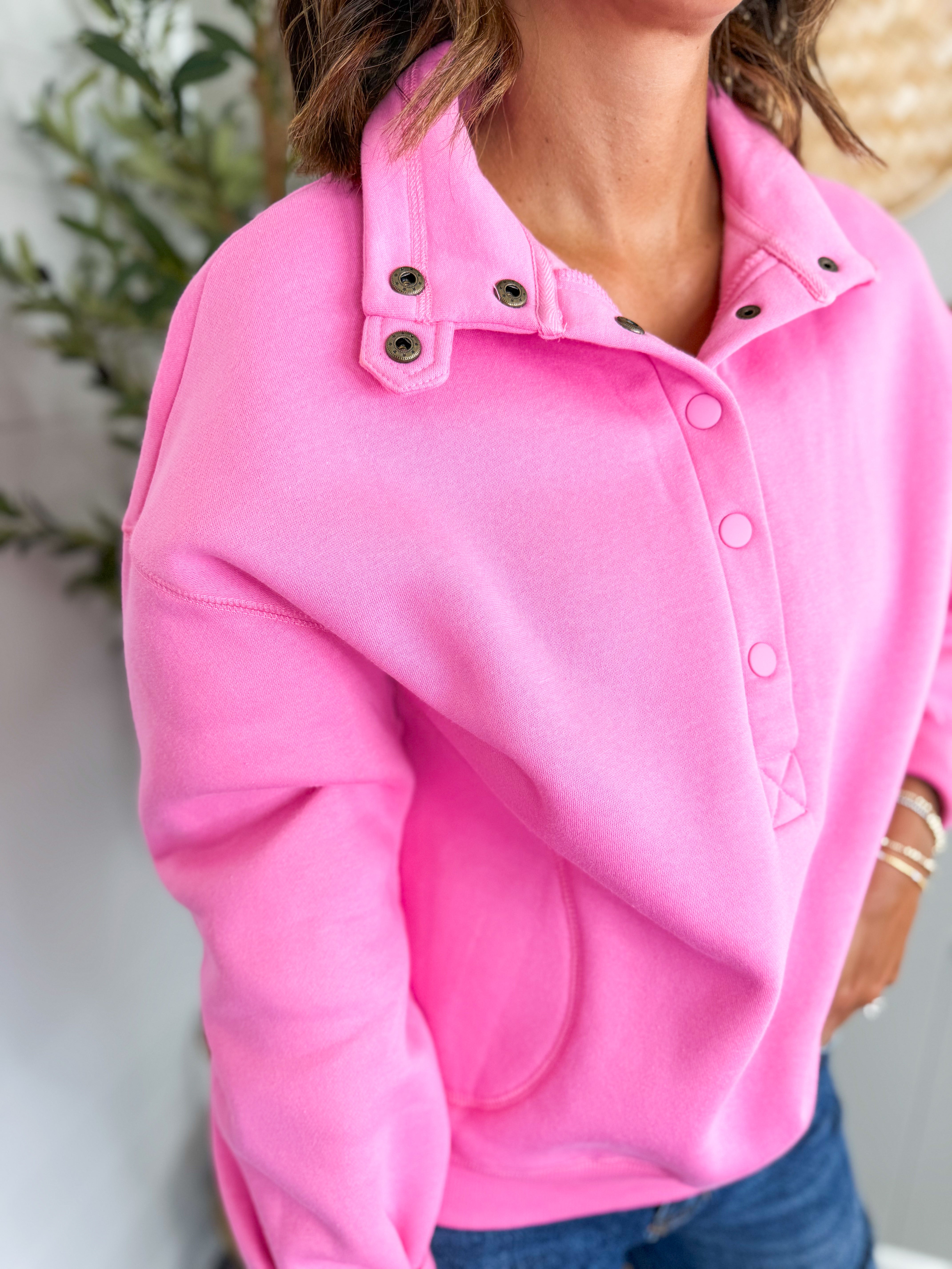 Solid Half Button Stand Neck Drop Shoulder Sweatshirt