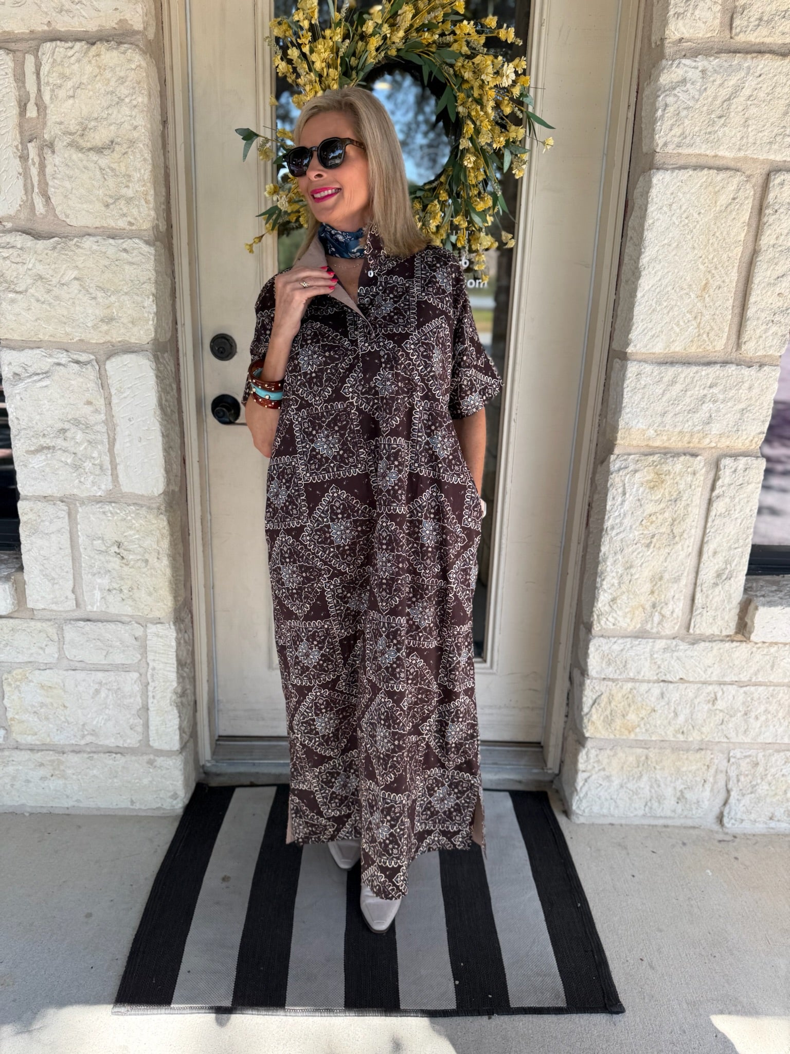 Brown Printed Collared Midi Dress