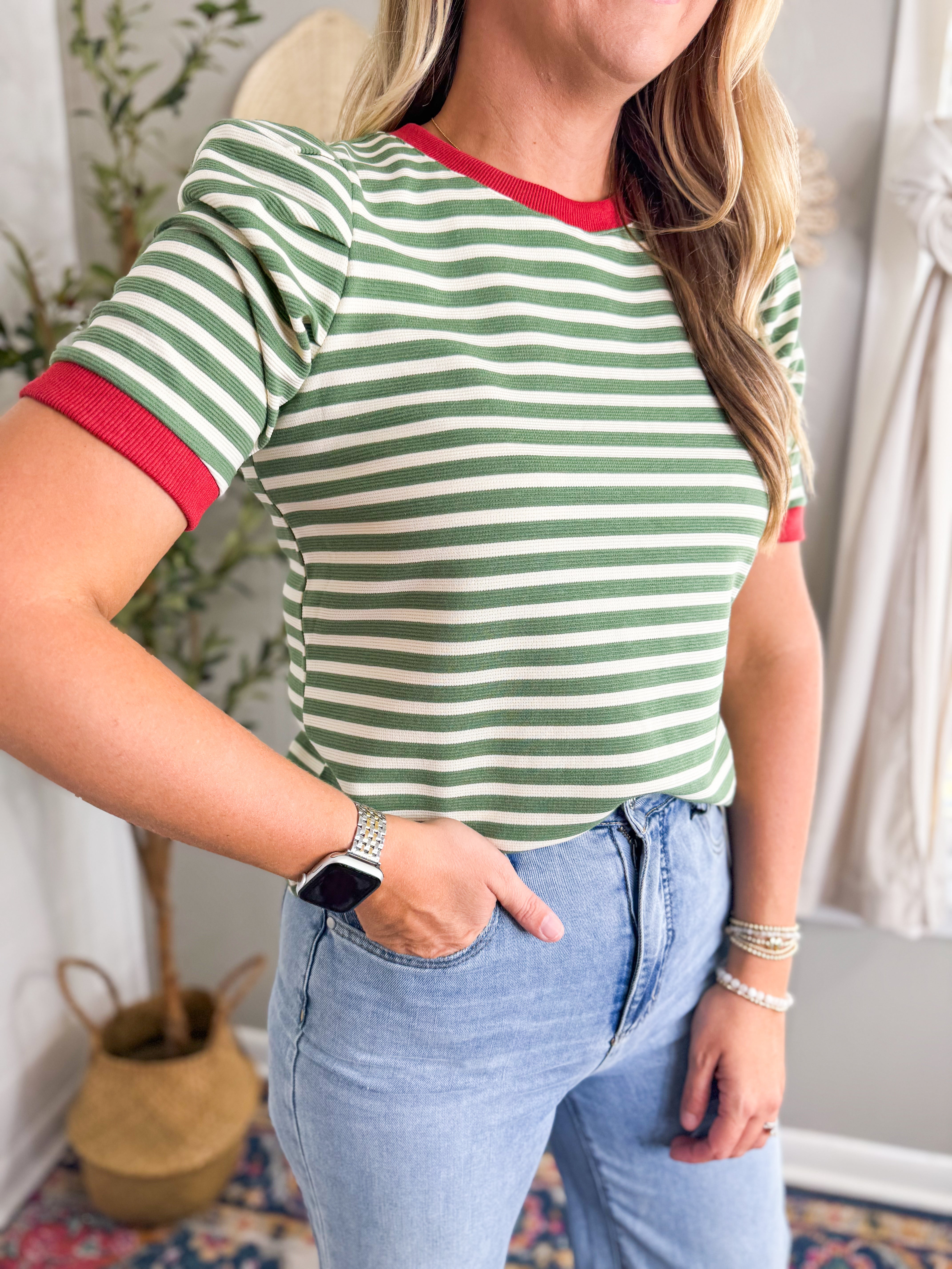 Olive Stripe Short Sleeve Top