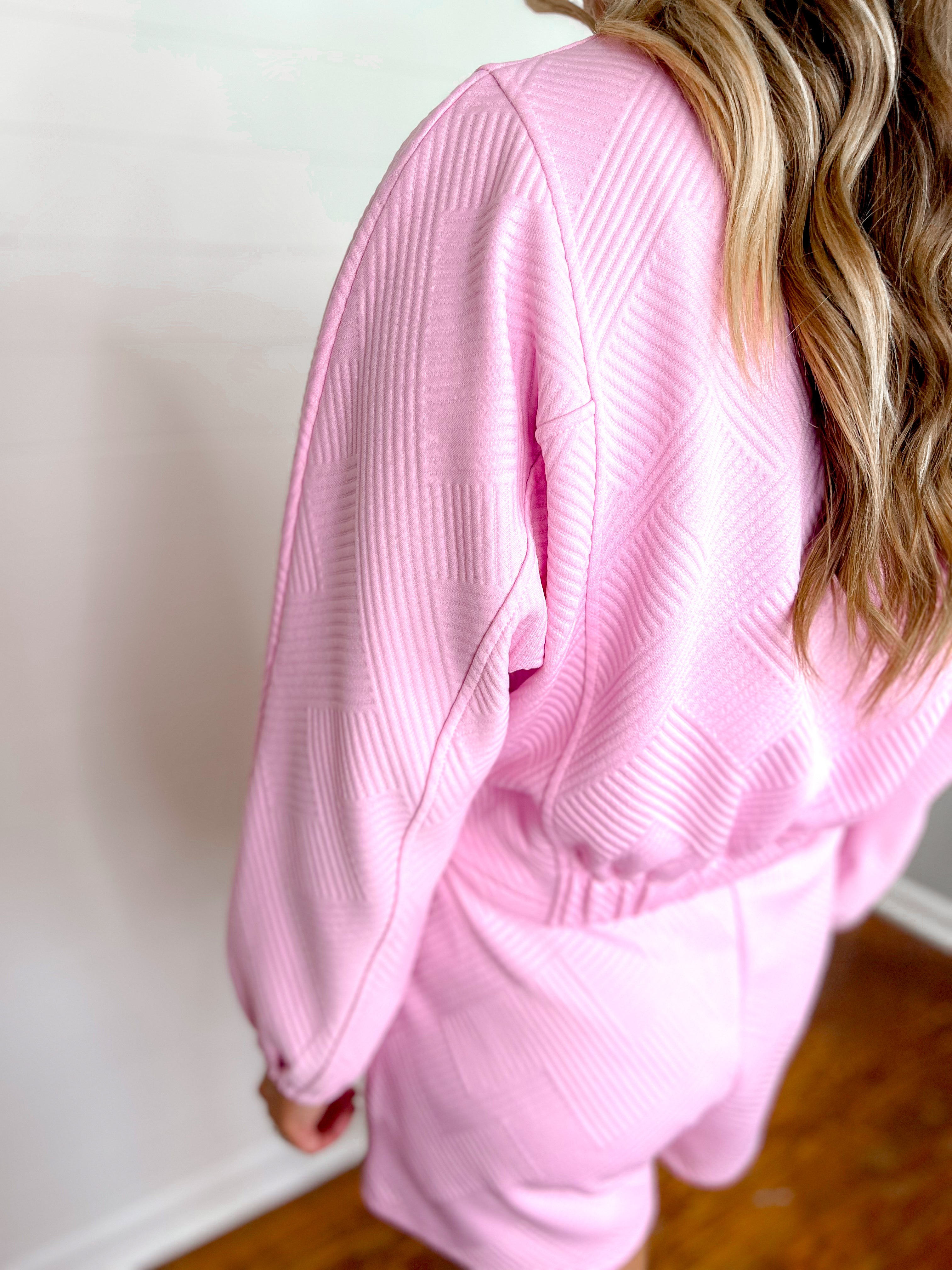 Pink Crew Neck Textured Knit Pullover