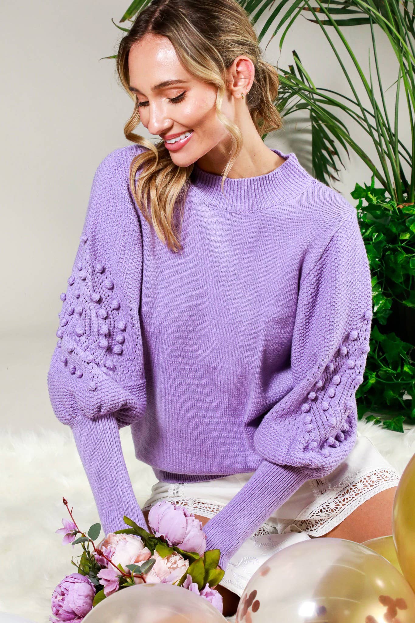 Round Neck Pom Pom Balloon Sleeve Sweater