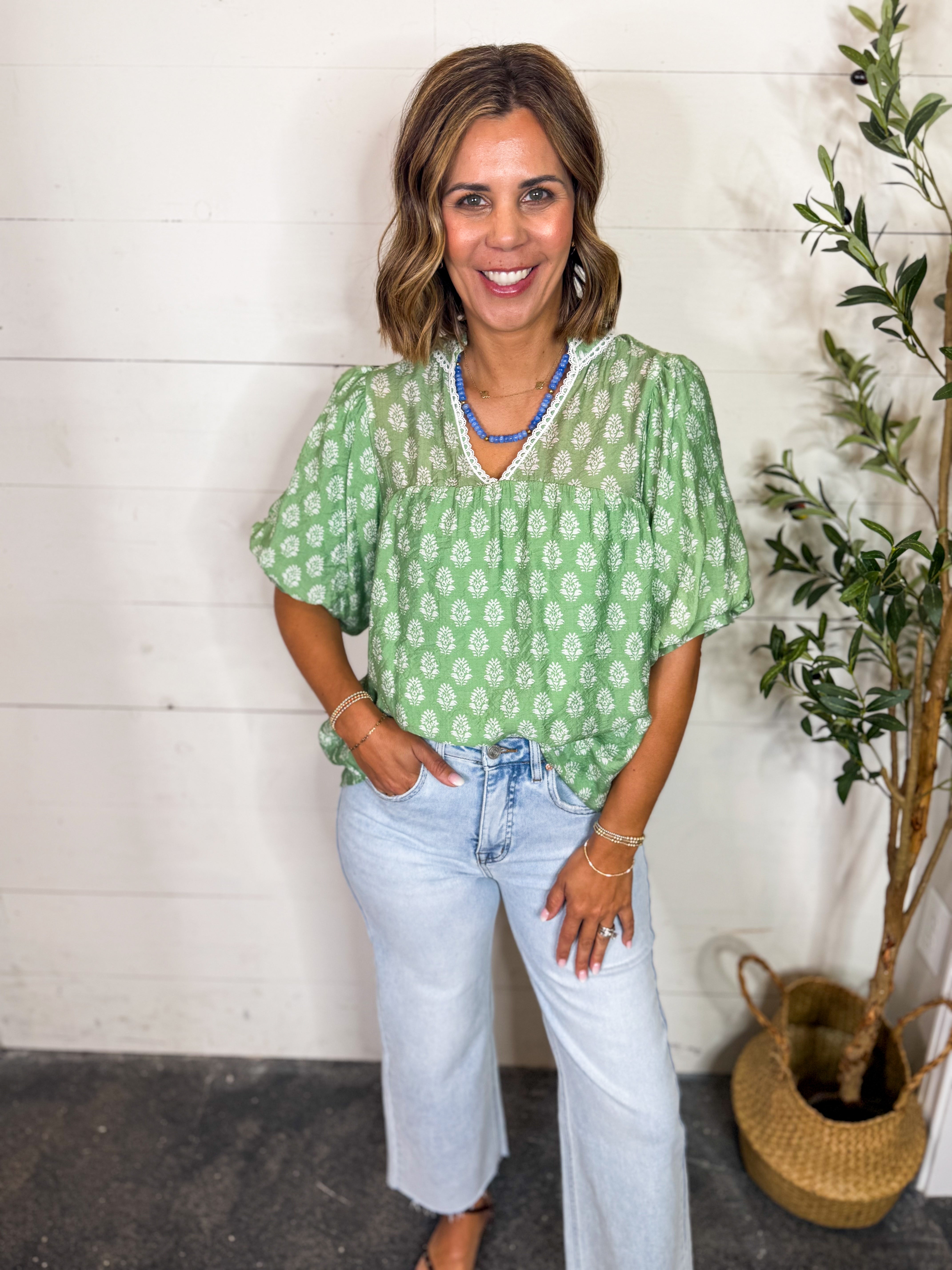 Abstract Print Top With Lace Trim