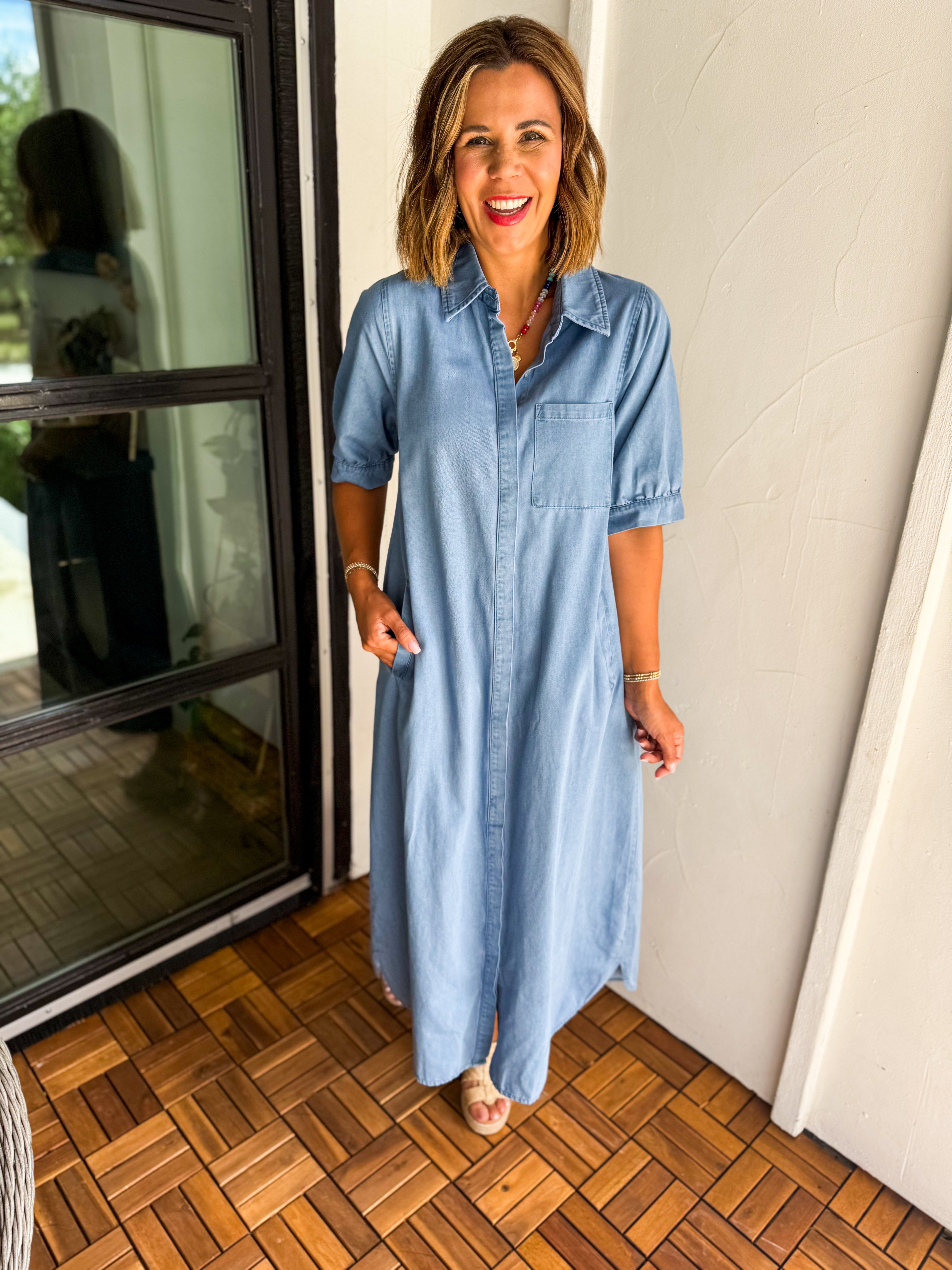 Solid Denim Short Sleeve Midi Dress