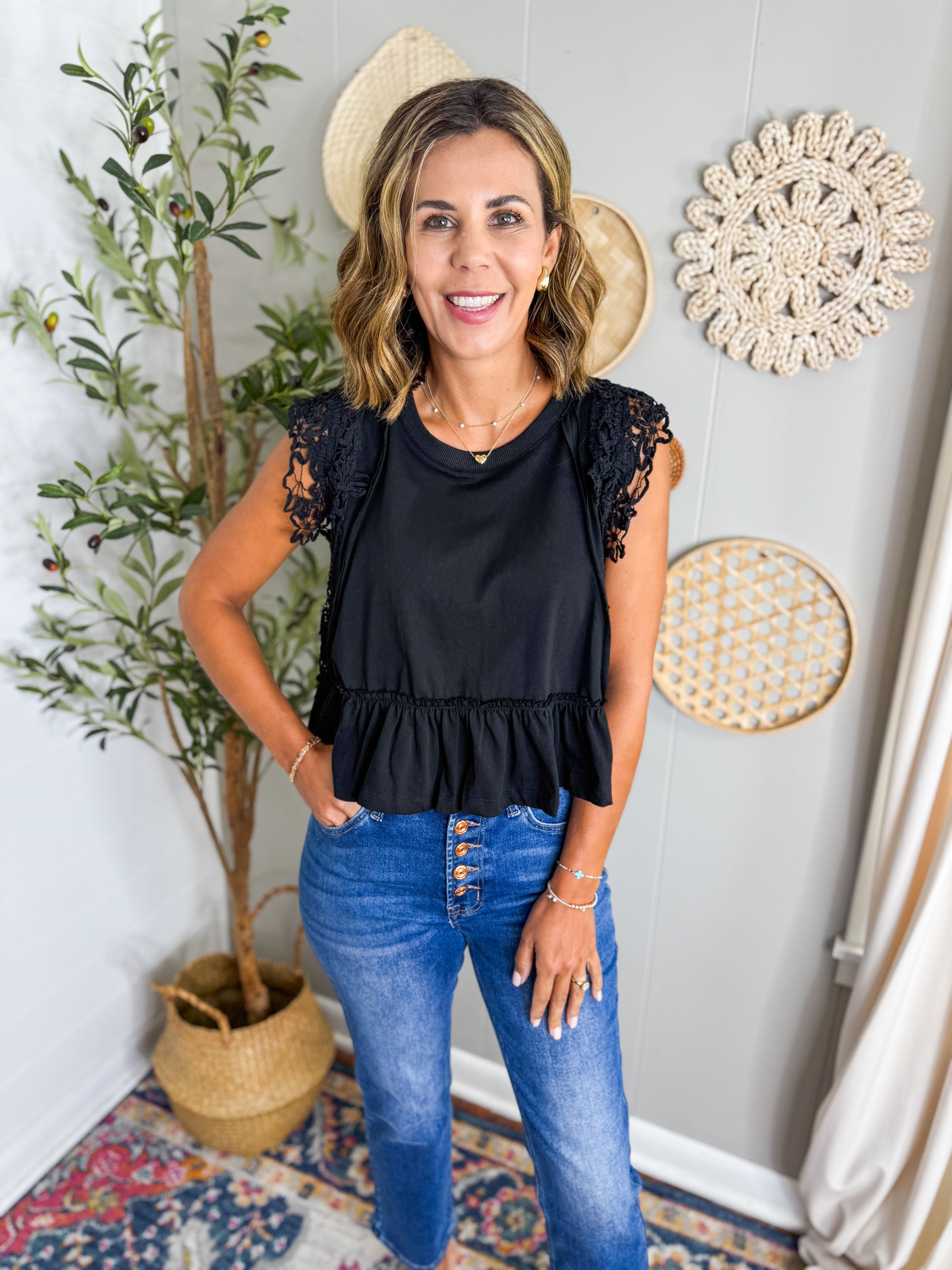 Black Side Lace Trim Ruffle Hem Top