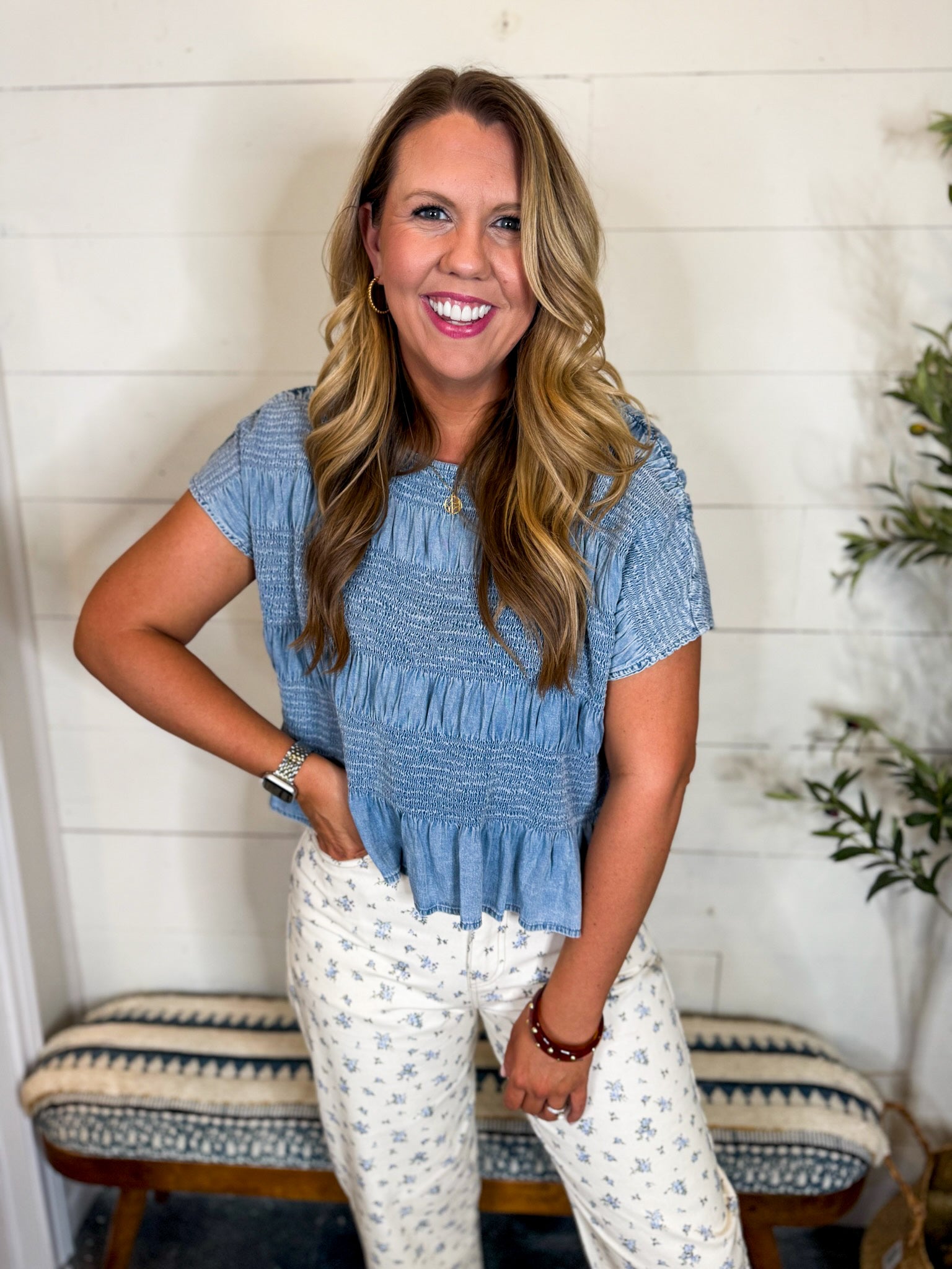 Mineral Washed Denim Smocked Cap Sleeve Top