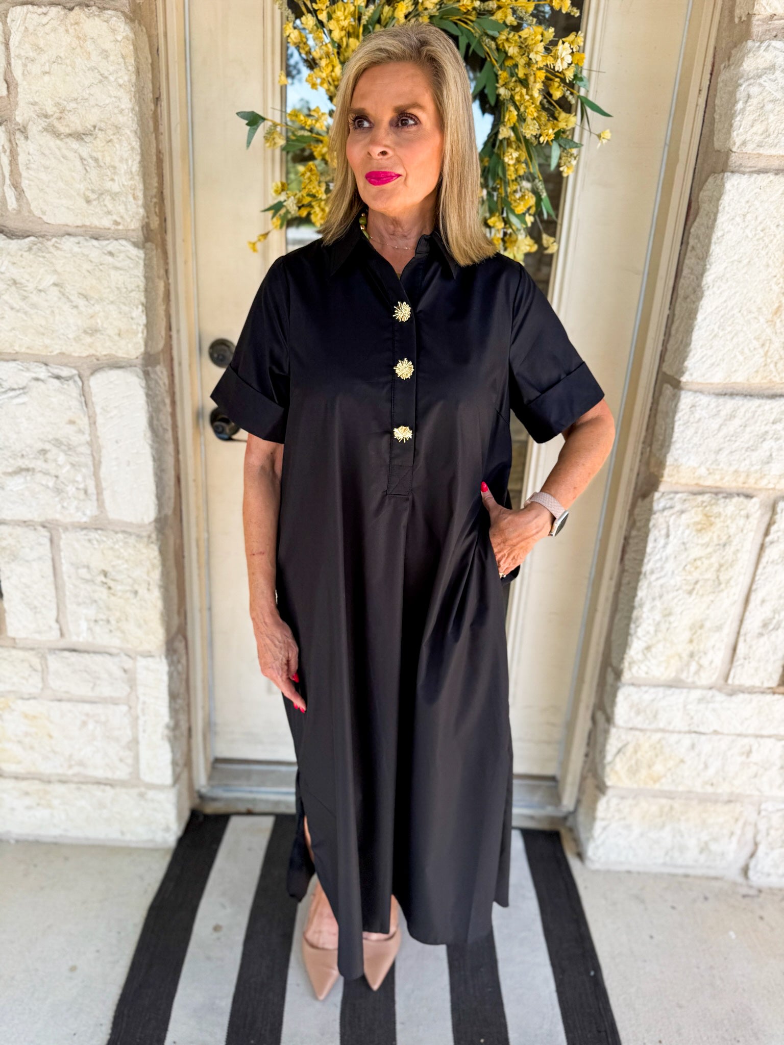 Short Sleeve Midi Dress W/ Gold Buttons