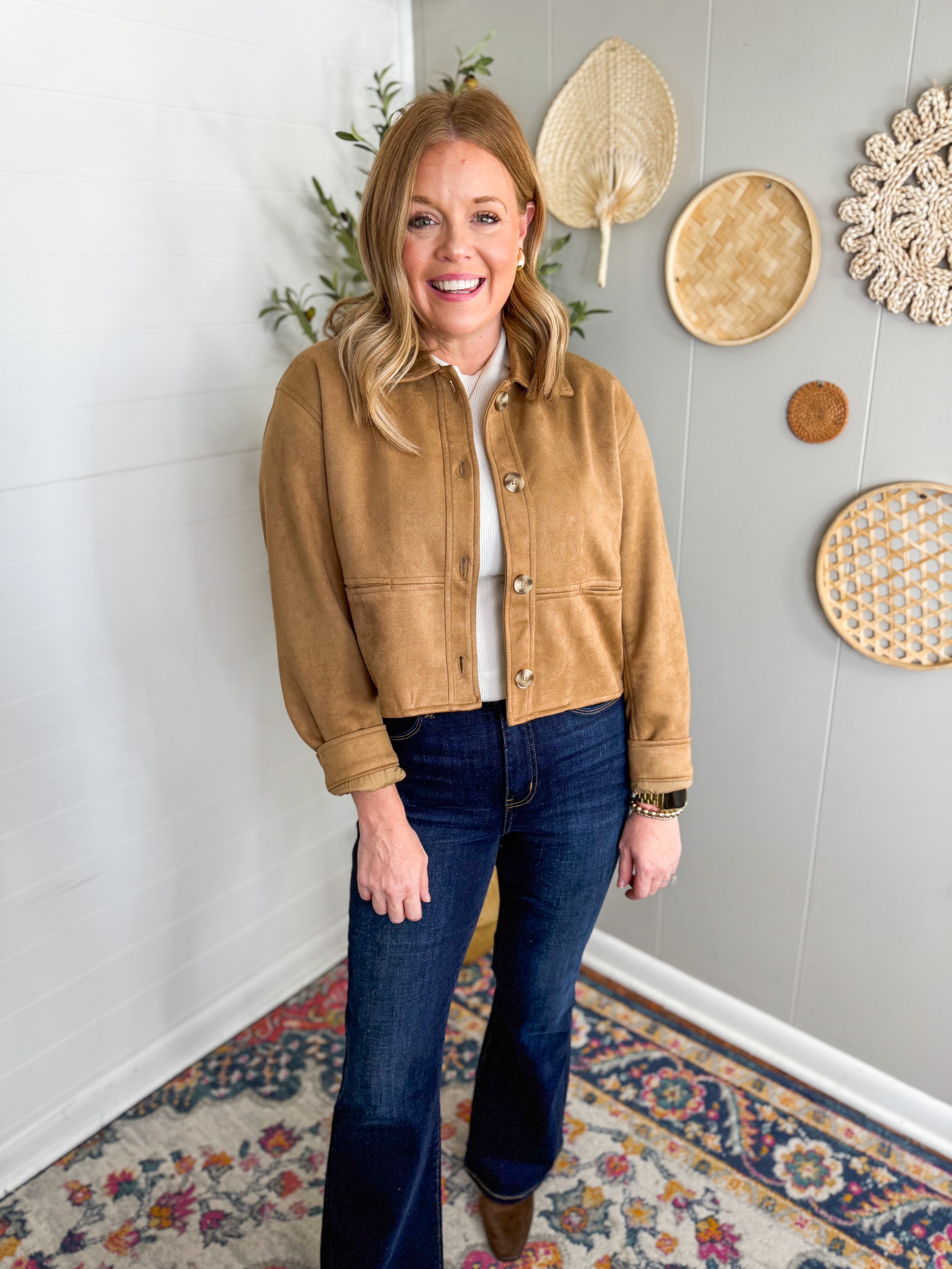 Suede Collared Button Down Cropped Jacket